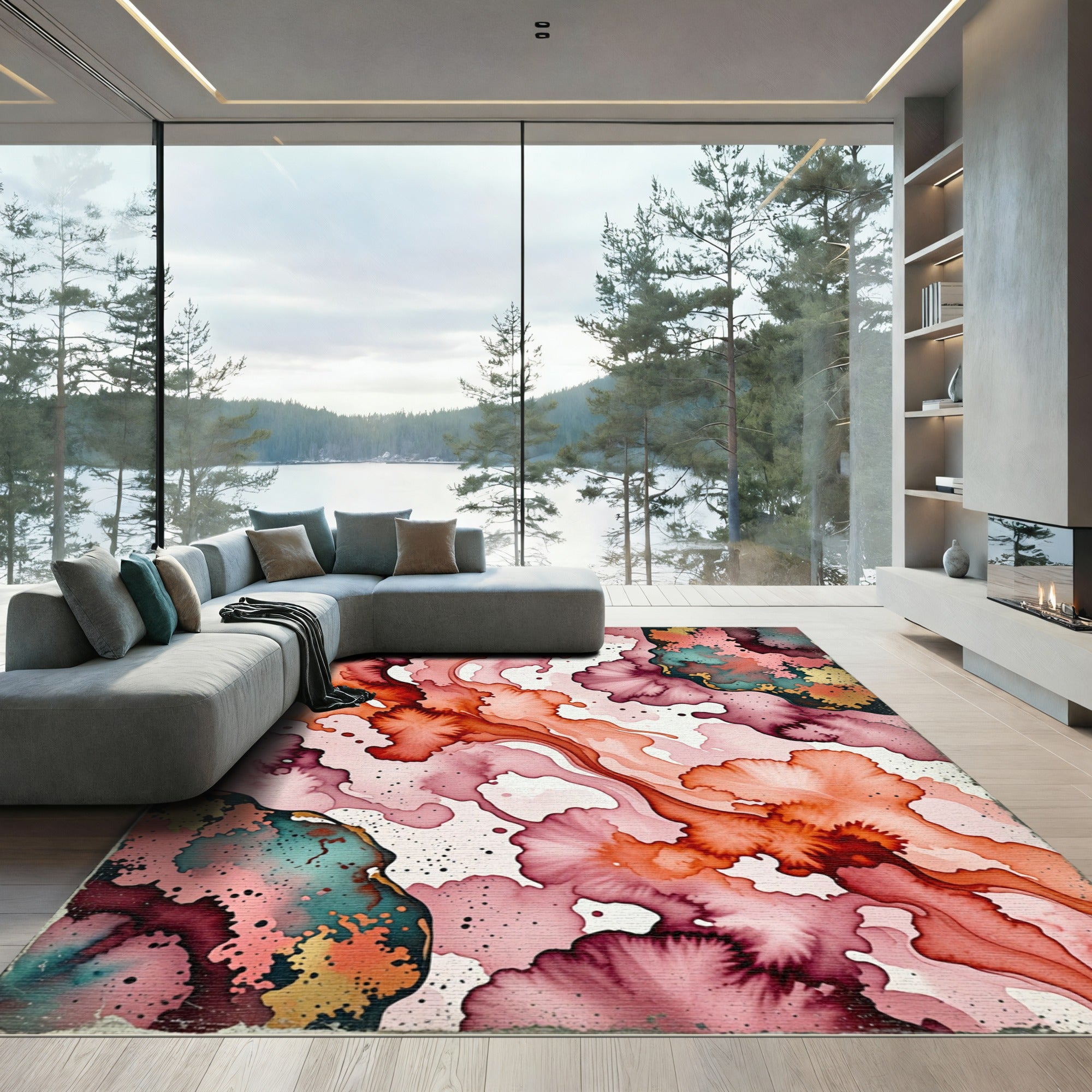 Crimson Teal Gold Fluid Watercolor Blend Rug