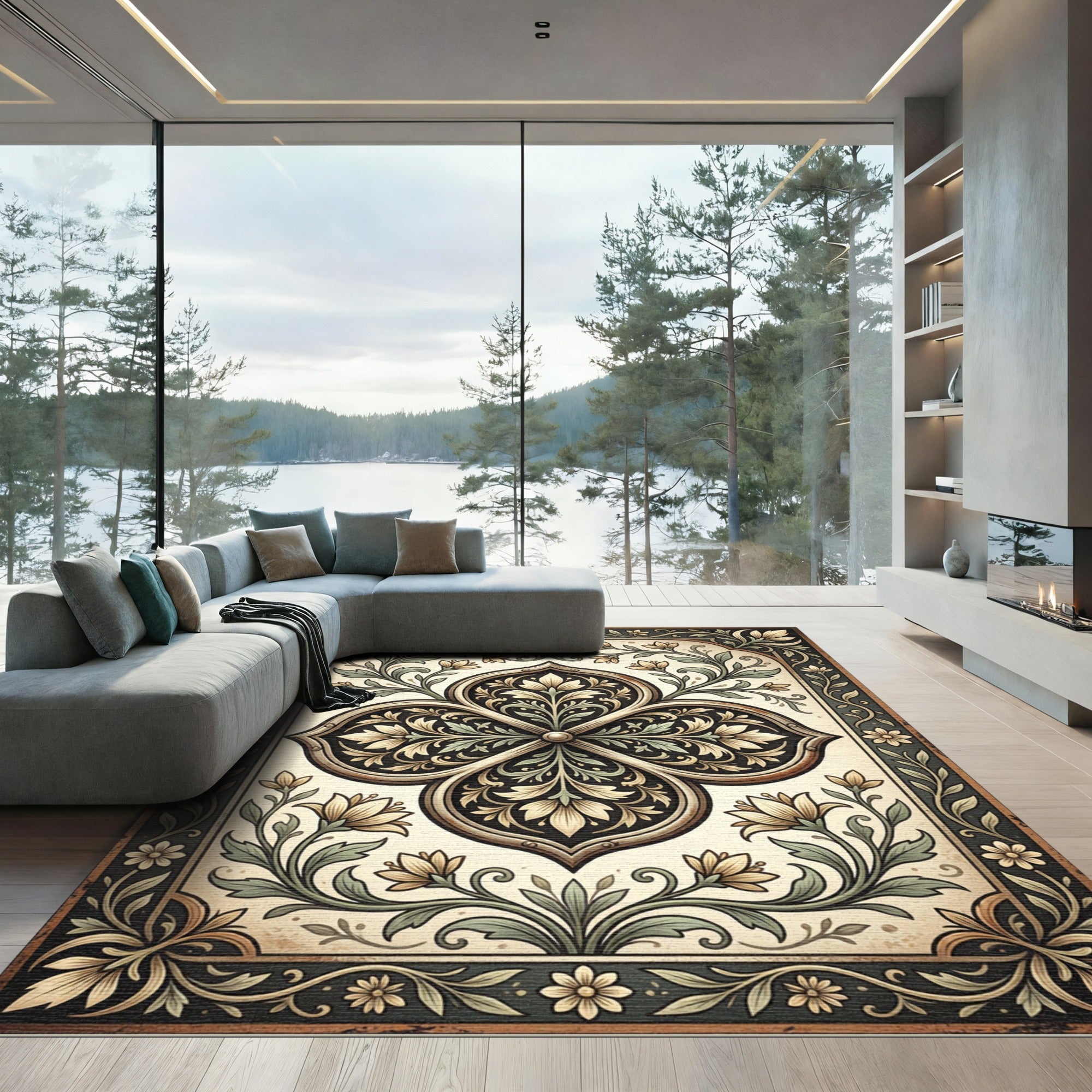 Elegant Cream and Charcoal Botanical Medallion Rug