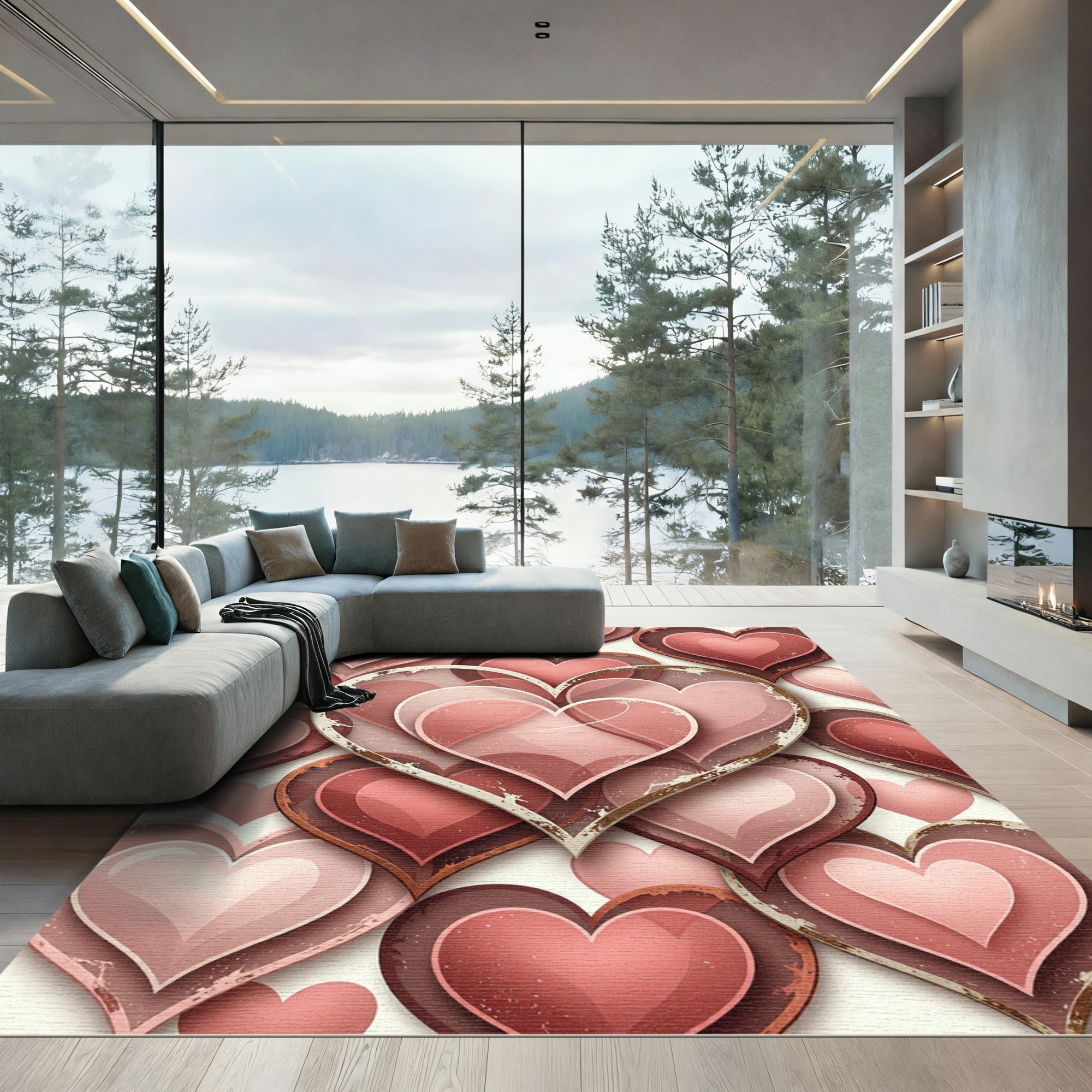 Vintage Distressed Layered Hearts Blush Rug
