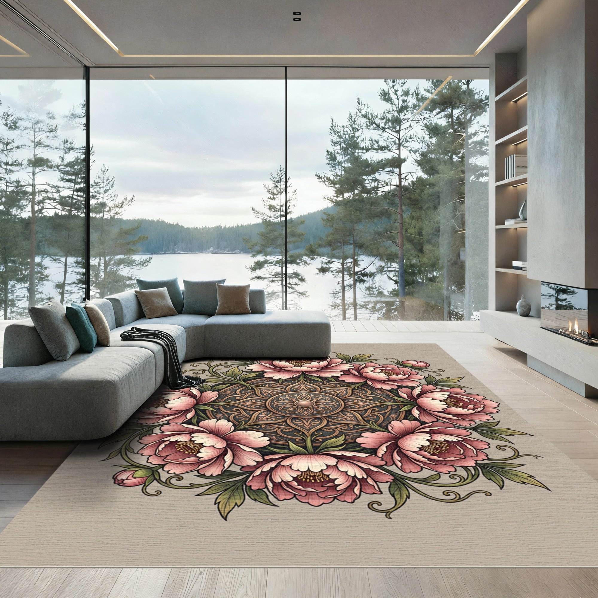 Blush Pink Peony Floral Medallion Rug