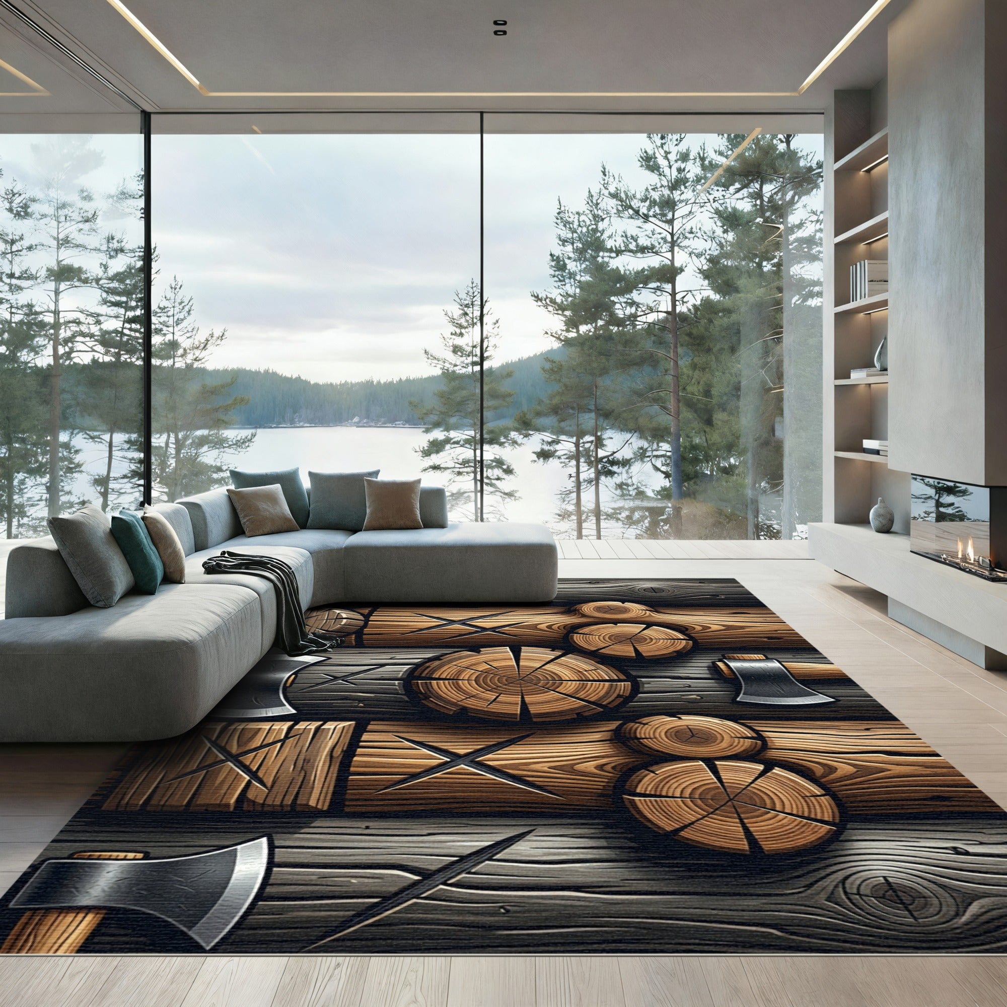 Rustic Wood Log Axe Composition Rug