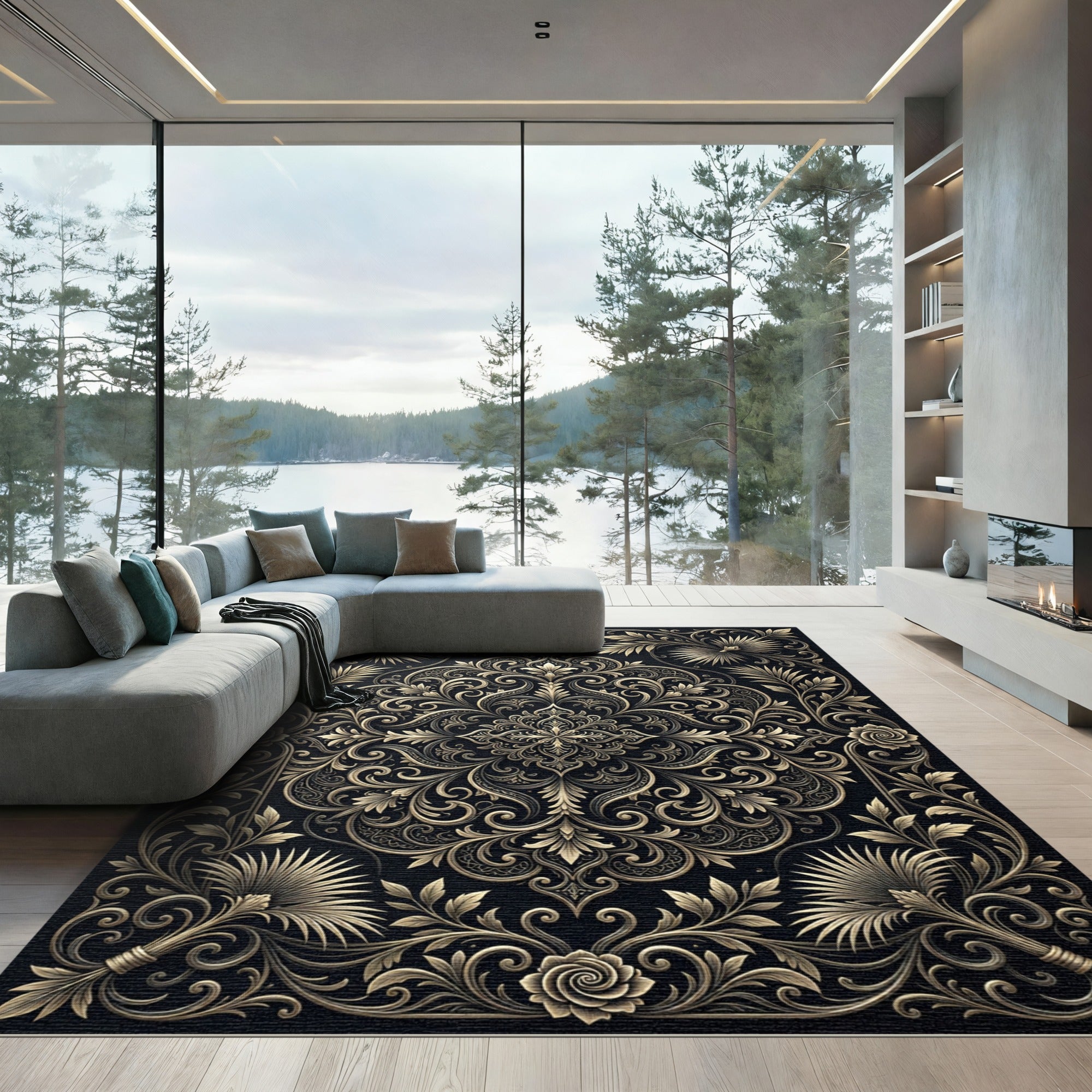 Ornate Golden Floral Scrollwork Rug