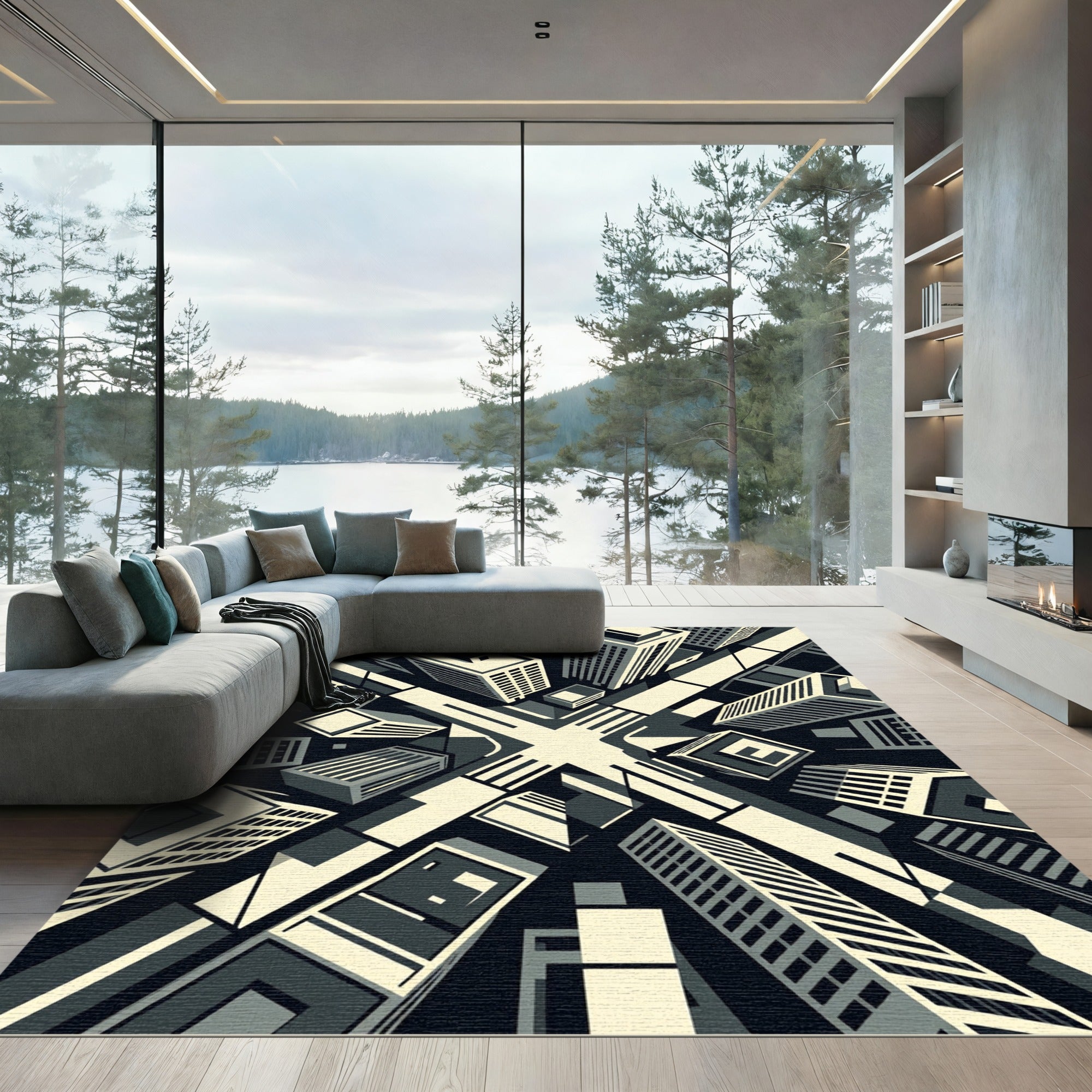Monochrome Art Deco Cityscape Buildings Rug