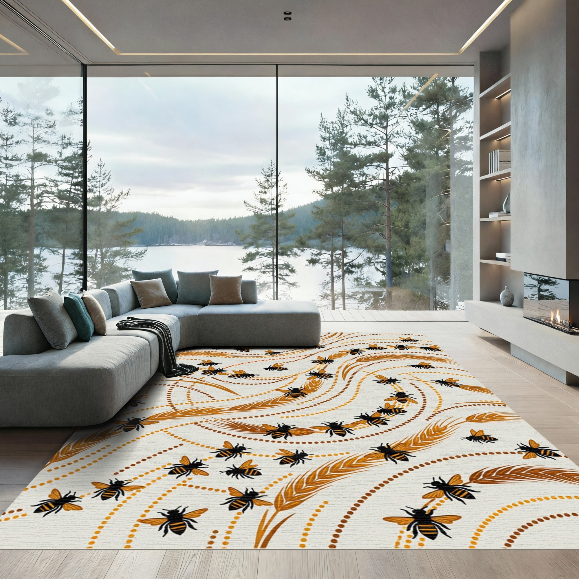 Golden Honey Bee Wheat Swirls Rug