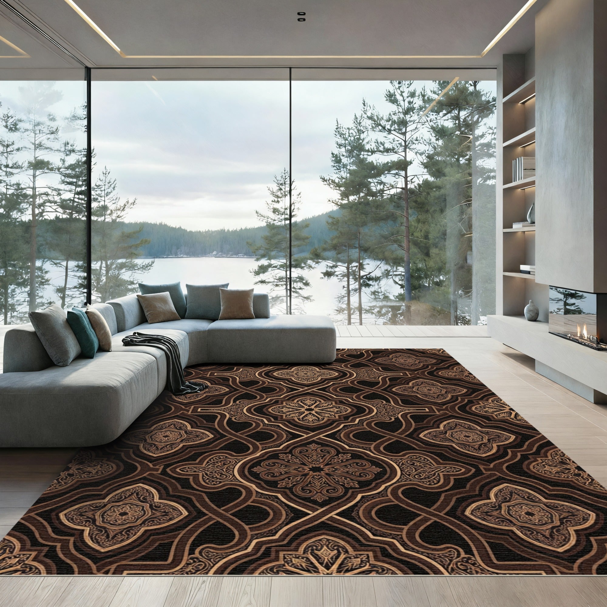 Elegant Bronze Damask Arabesque Scroll Rug