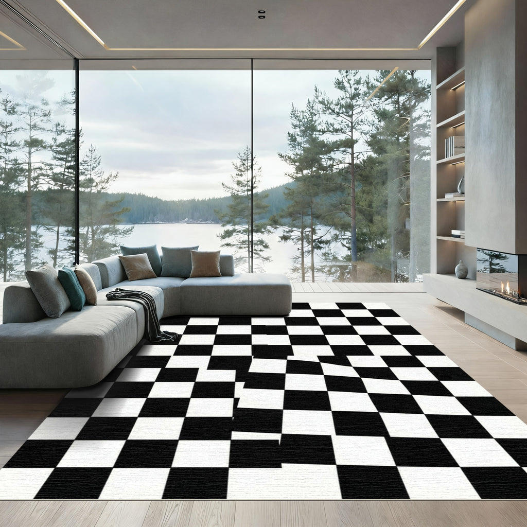 Modern Monochrome Checkerboard Optical Illusion Rug
