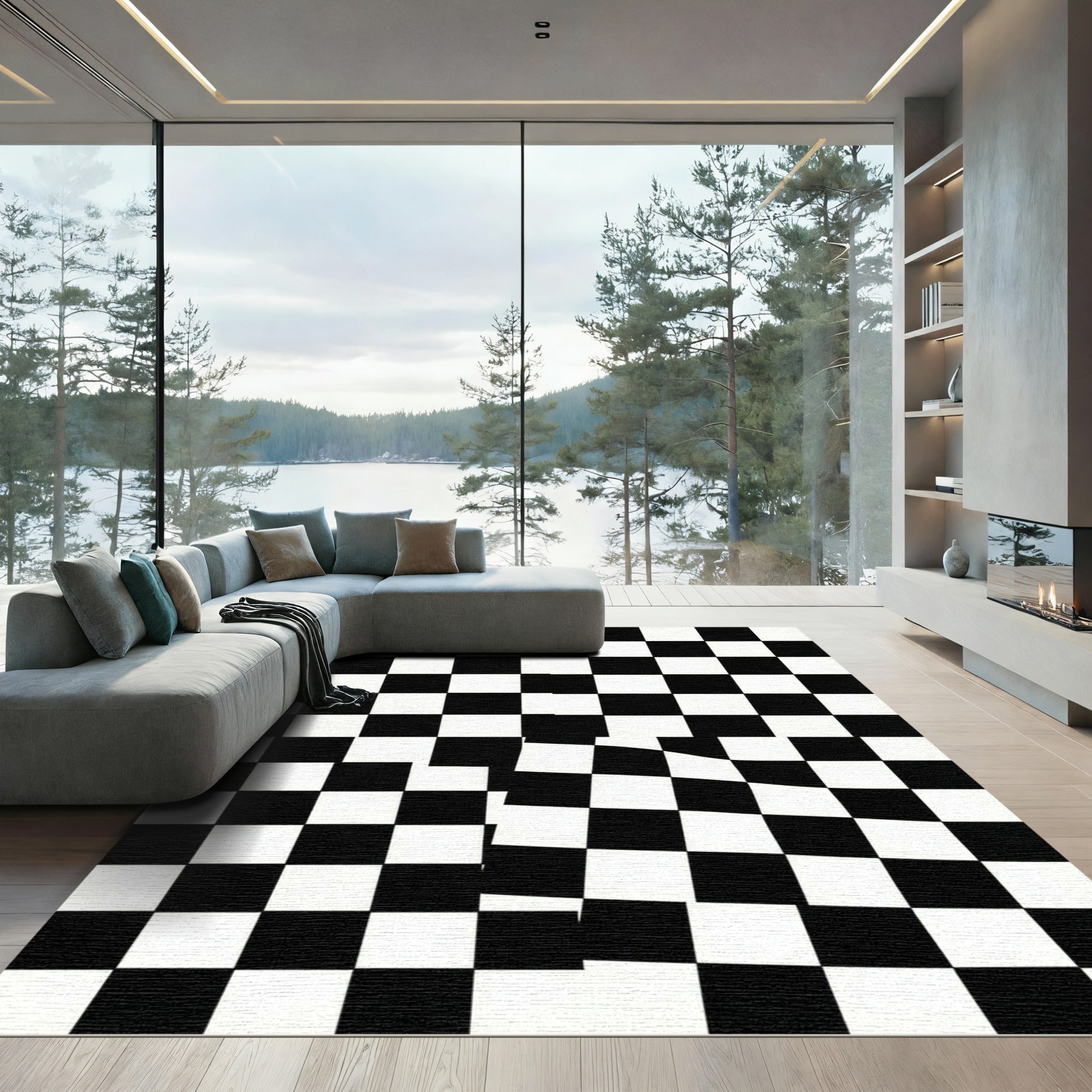 Modern Monochrome Checkerboard Optical Illusion Rug