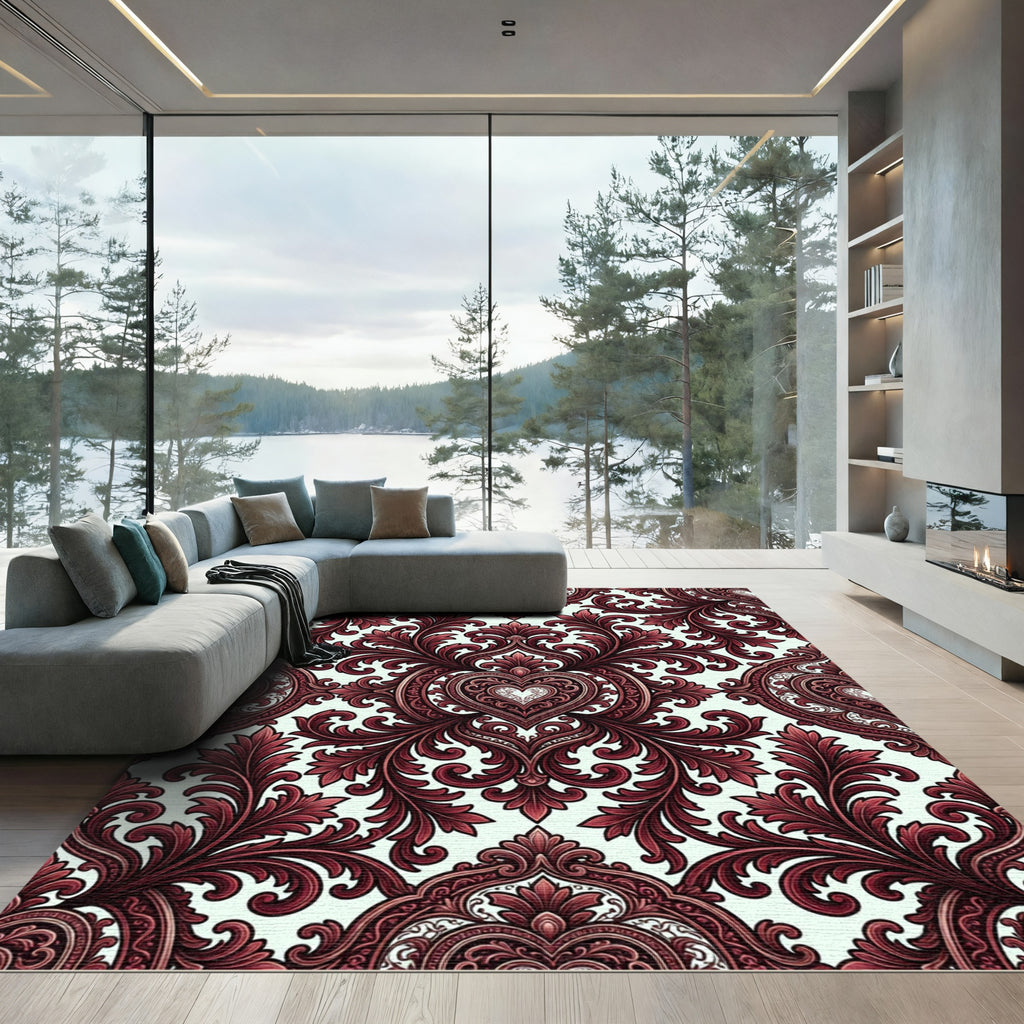 Elegant Crimson Damask Victorian Heart Rug