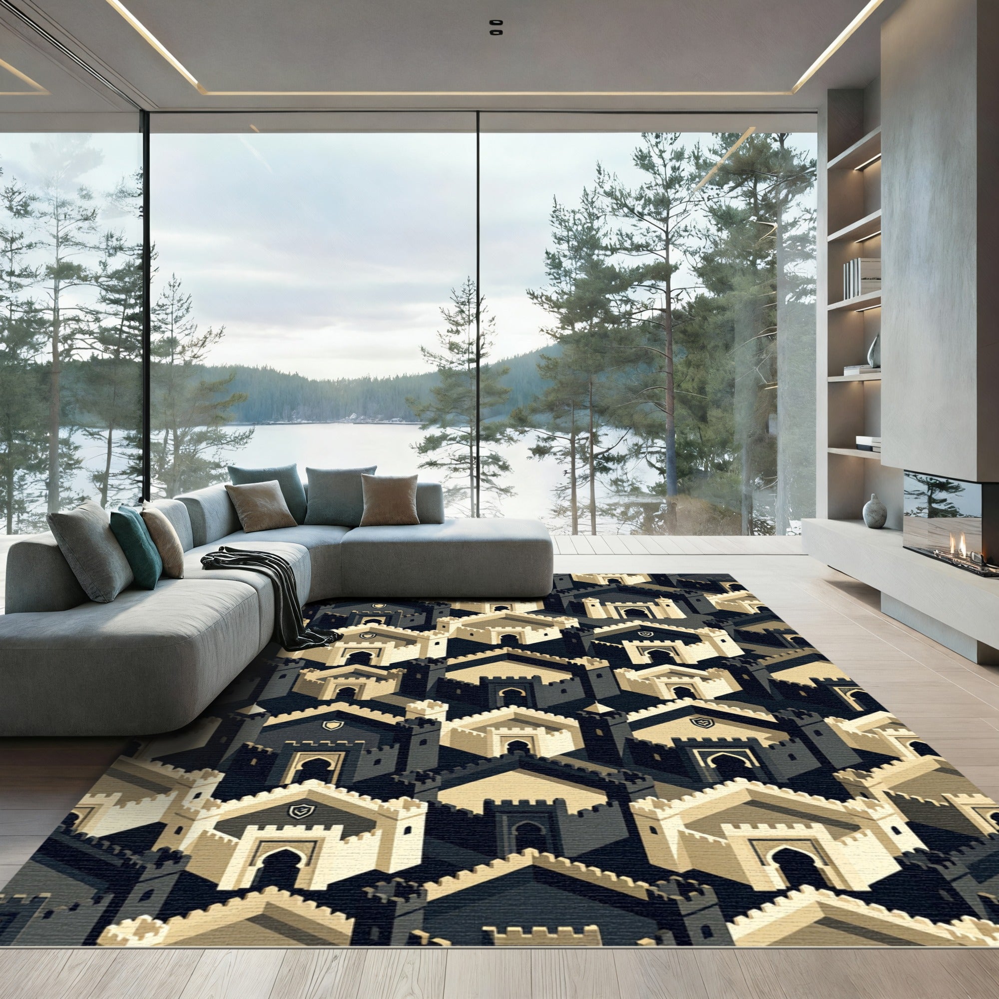 Isometric Monochrome Castle Geometric Grid Rug