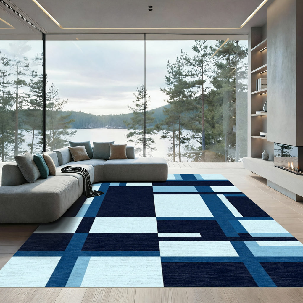 Deep Blue Geometric Composition Rug