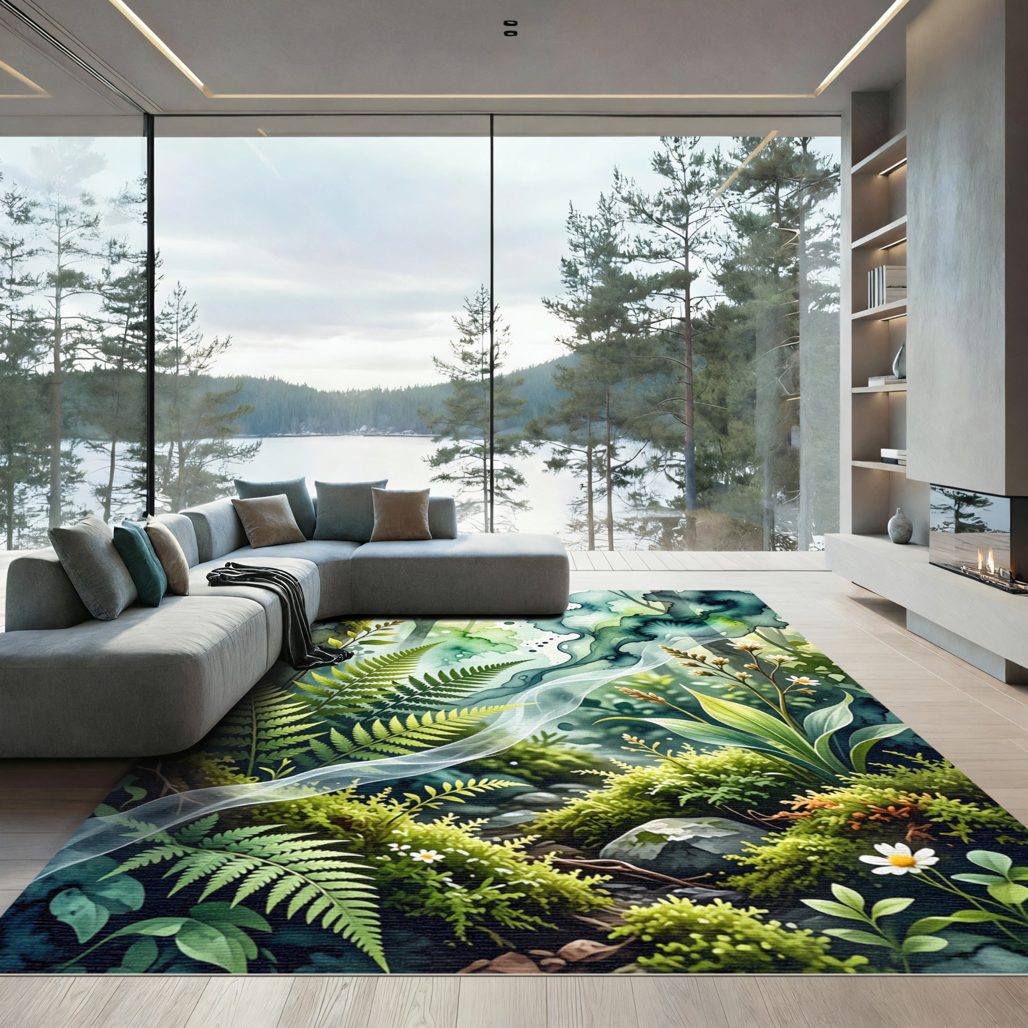 Lush Forest Ferns Watercolor Flow Rug
