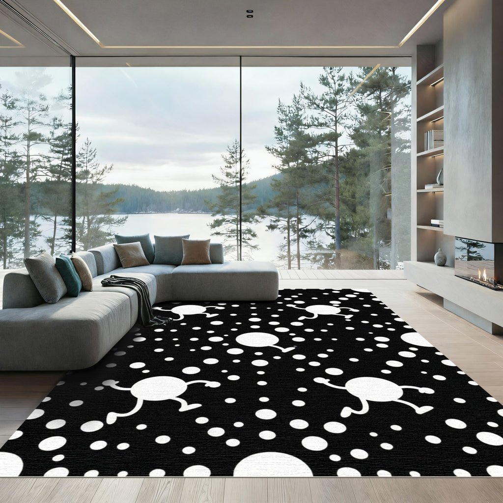 Playful White Figure Black Dot Rug