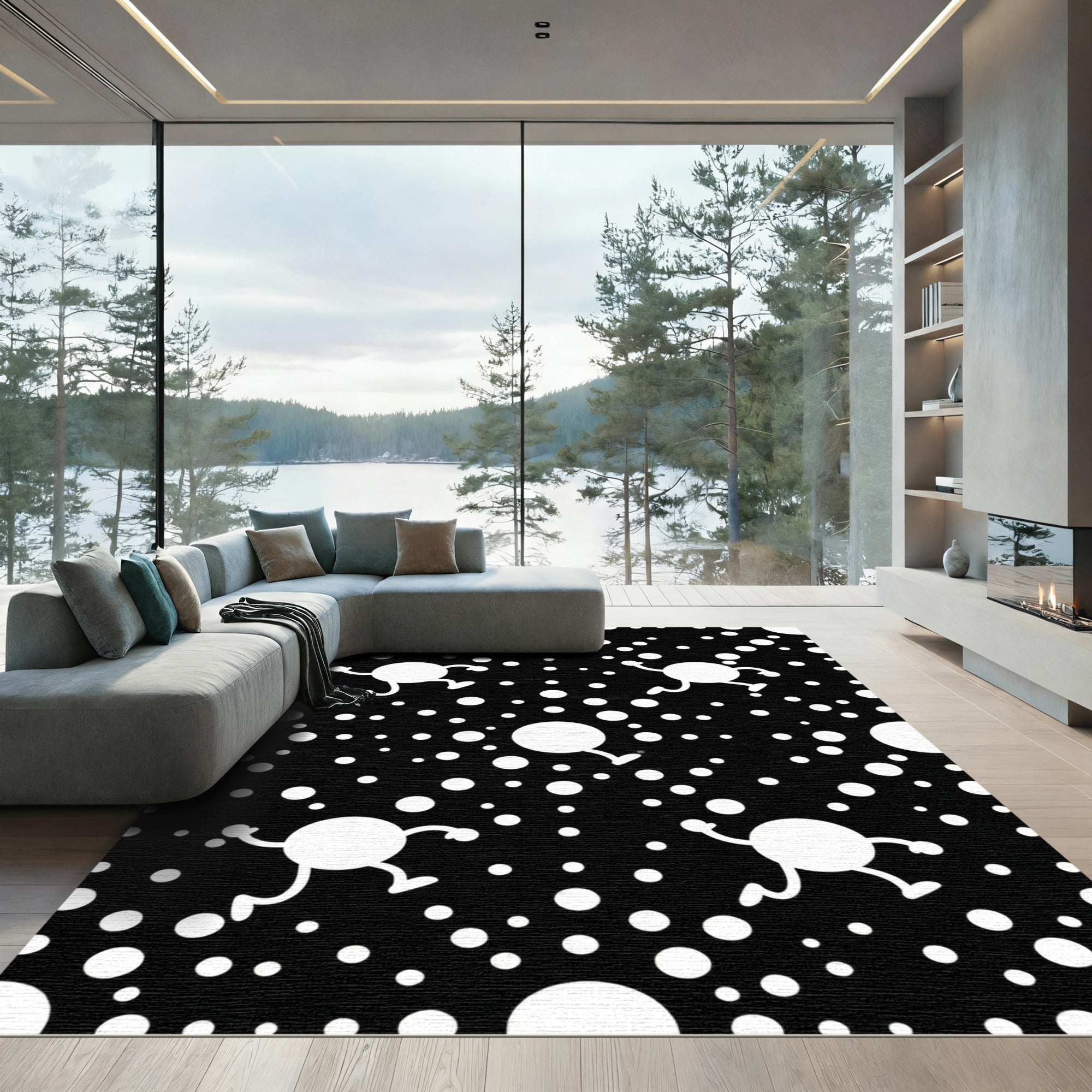 Playful White Figure Black Dot Rug