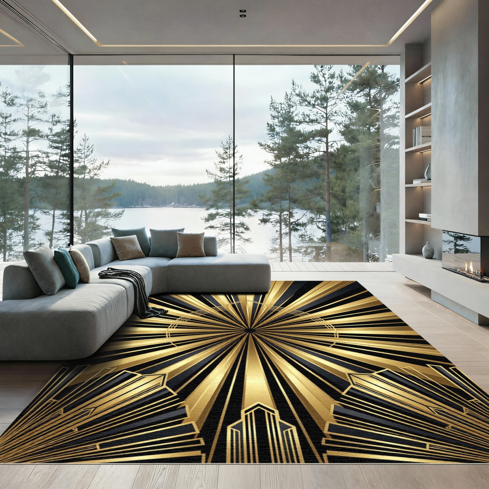 Radiant Gold Black Art Deco Sunburst Rug