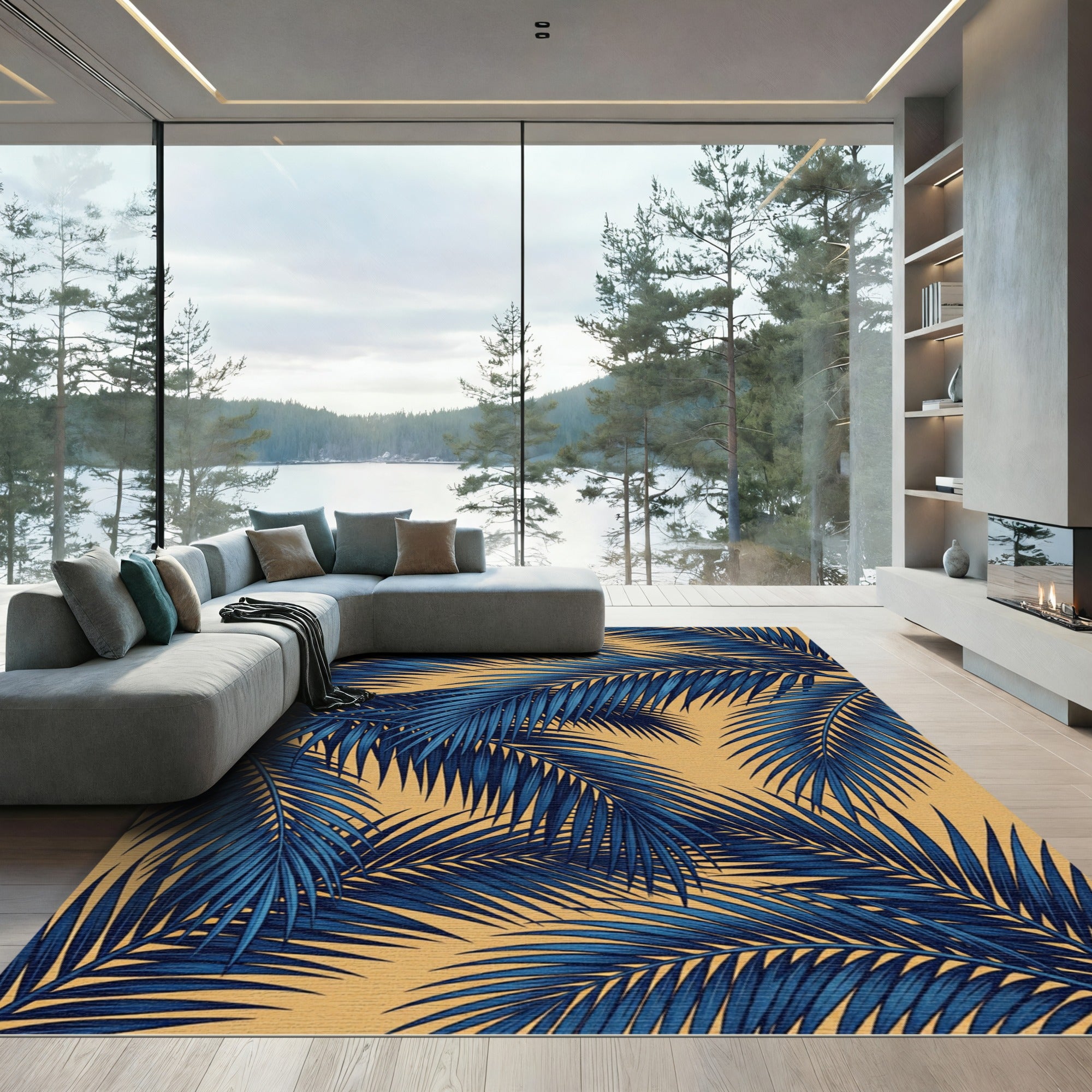 Lush Navy Tropical Palm Leaf Rug