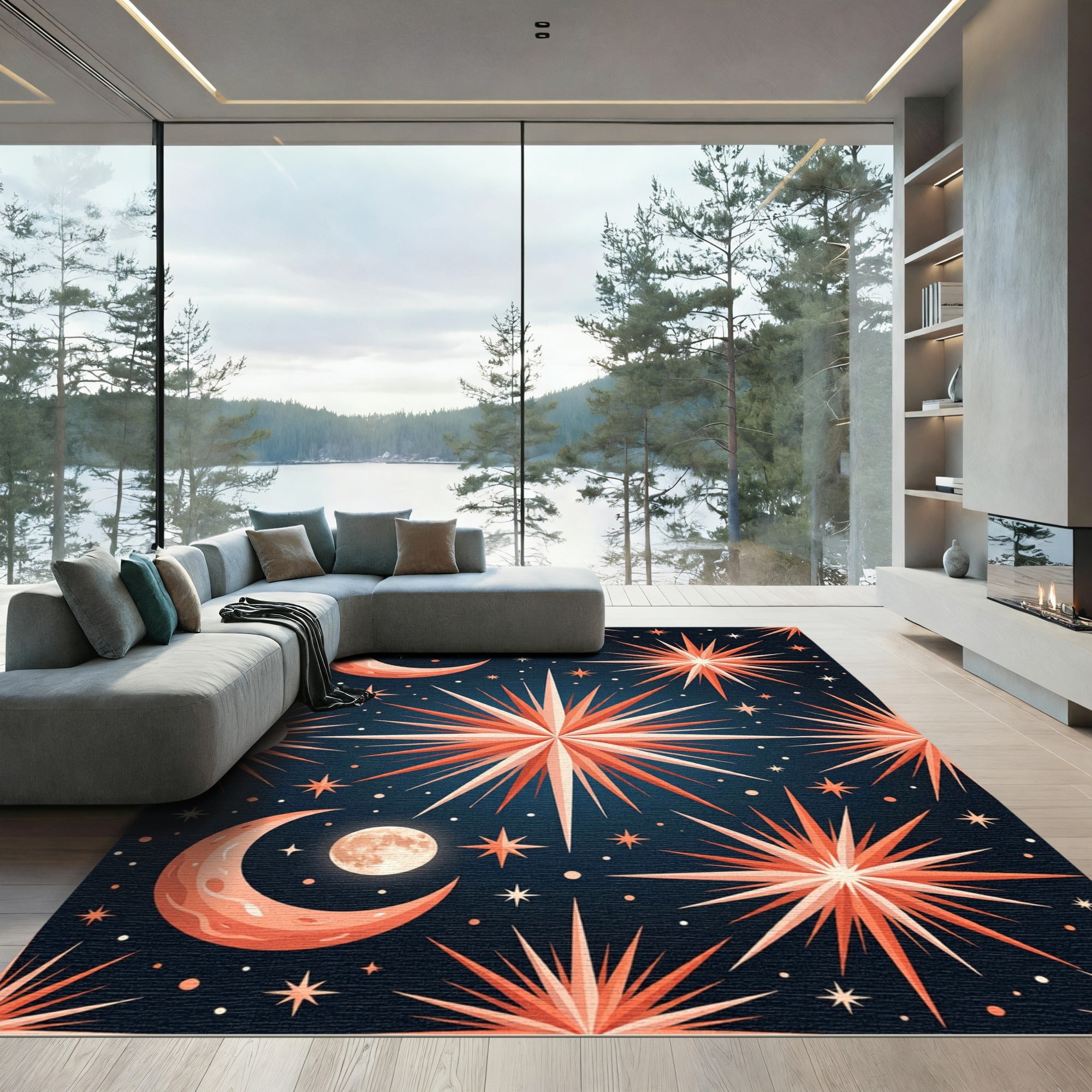 Celestial Orange Moon Starry Night Rug