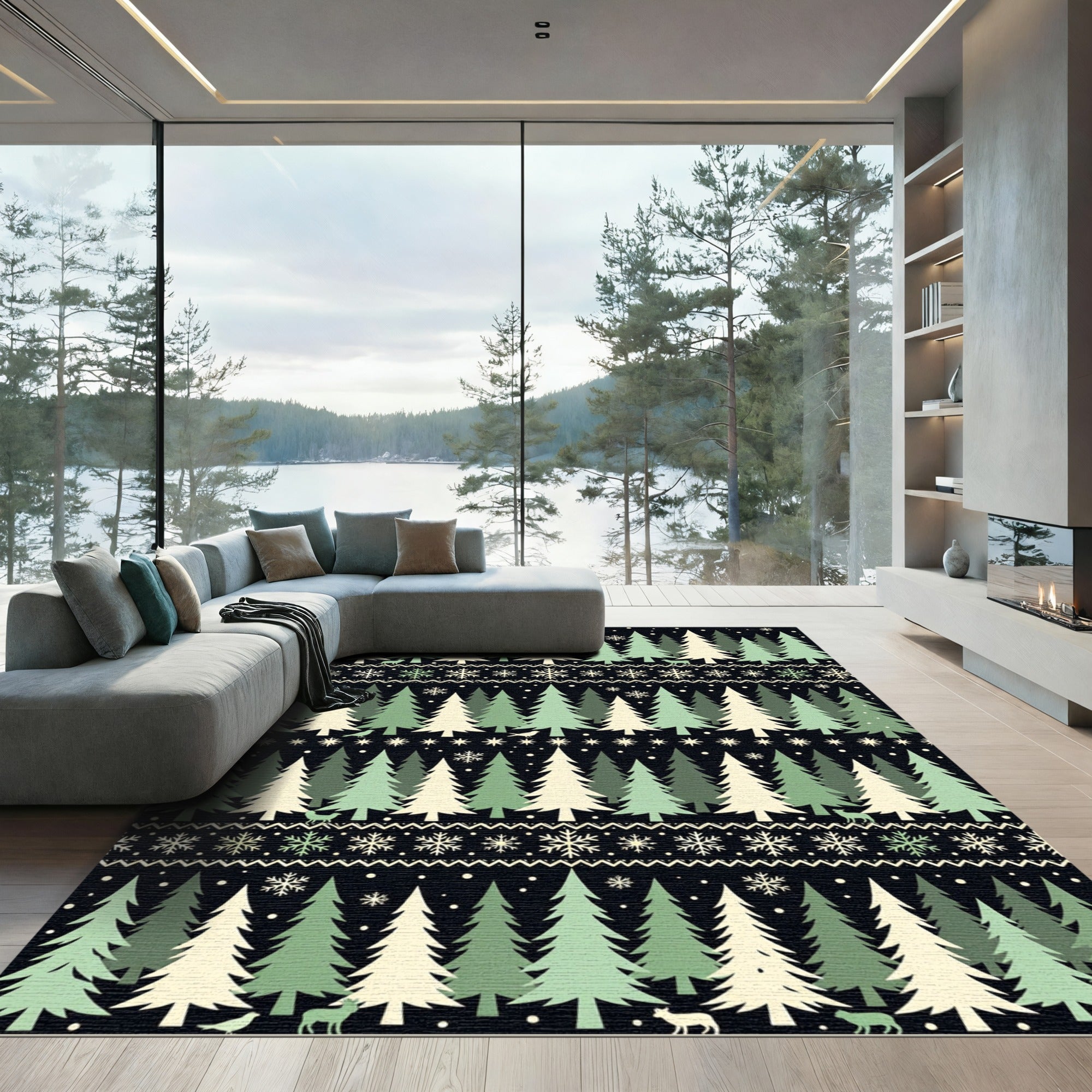 Evergreen Forest Snowflake Pattern Rug