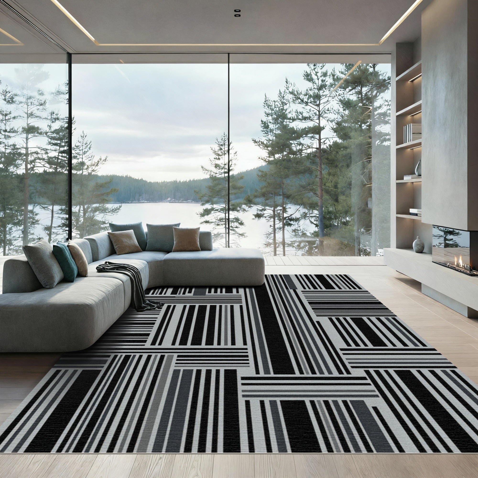 Modern Monochrome Vertical Horizontal Stripe Rug