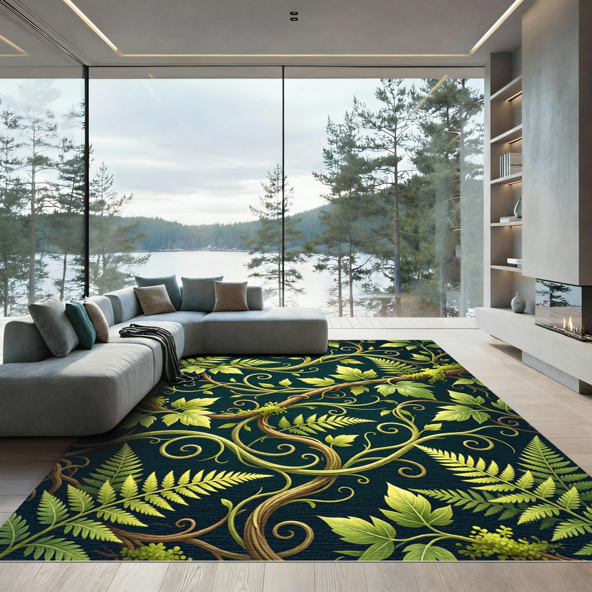Lush Jade Fern and Vine Botanical Rug