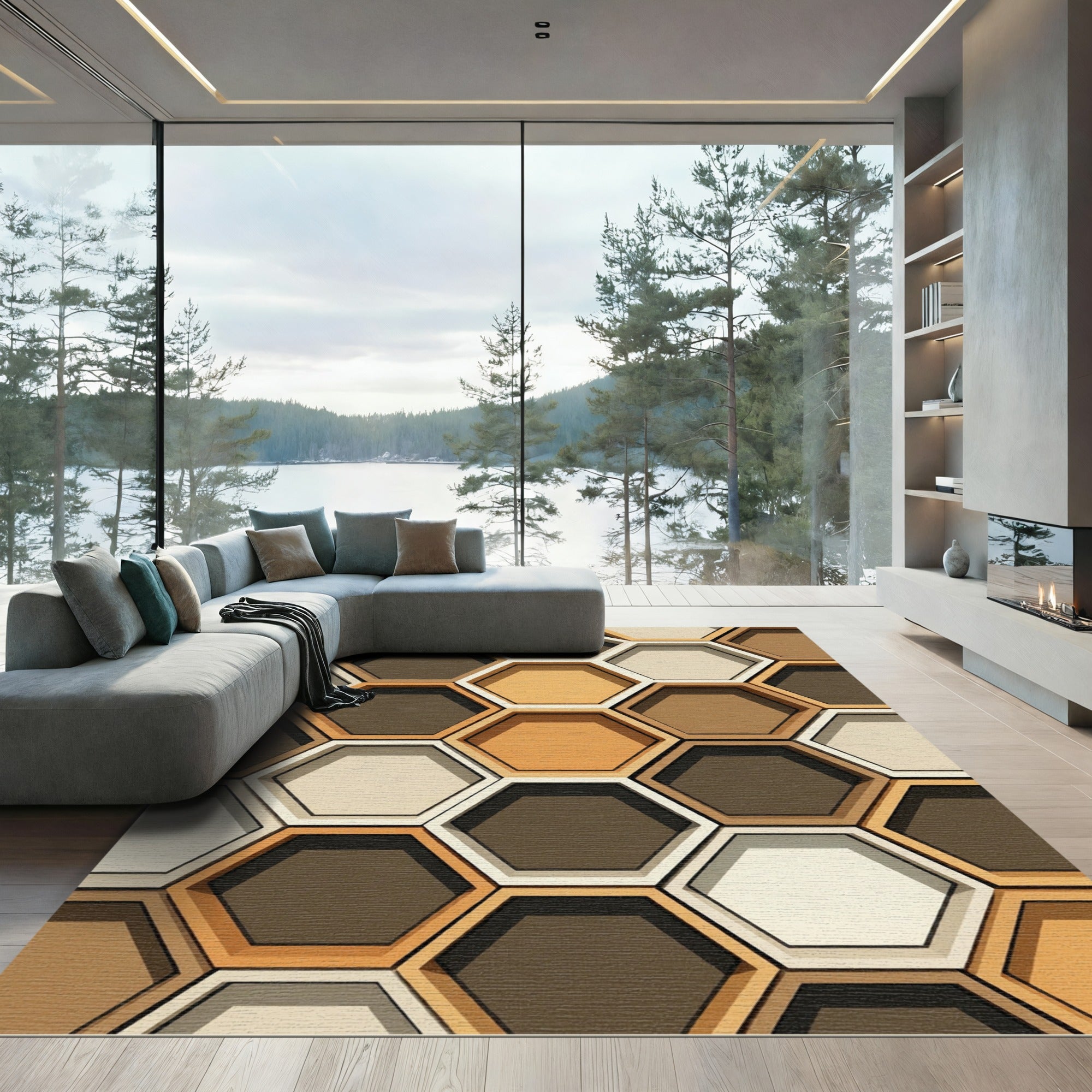 Modern Earthy Tonal Geometric Hexagon Rug