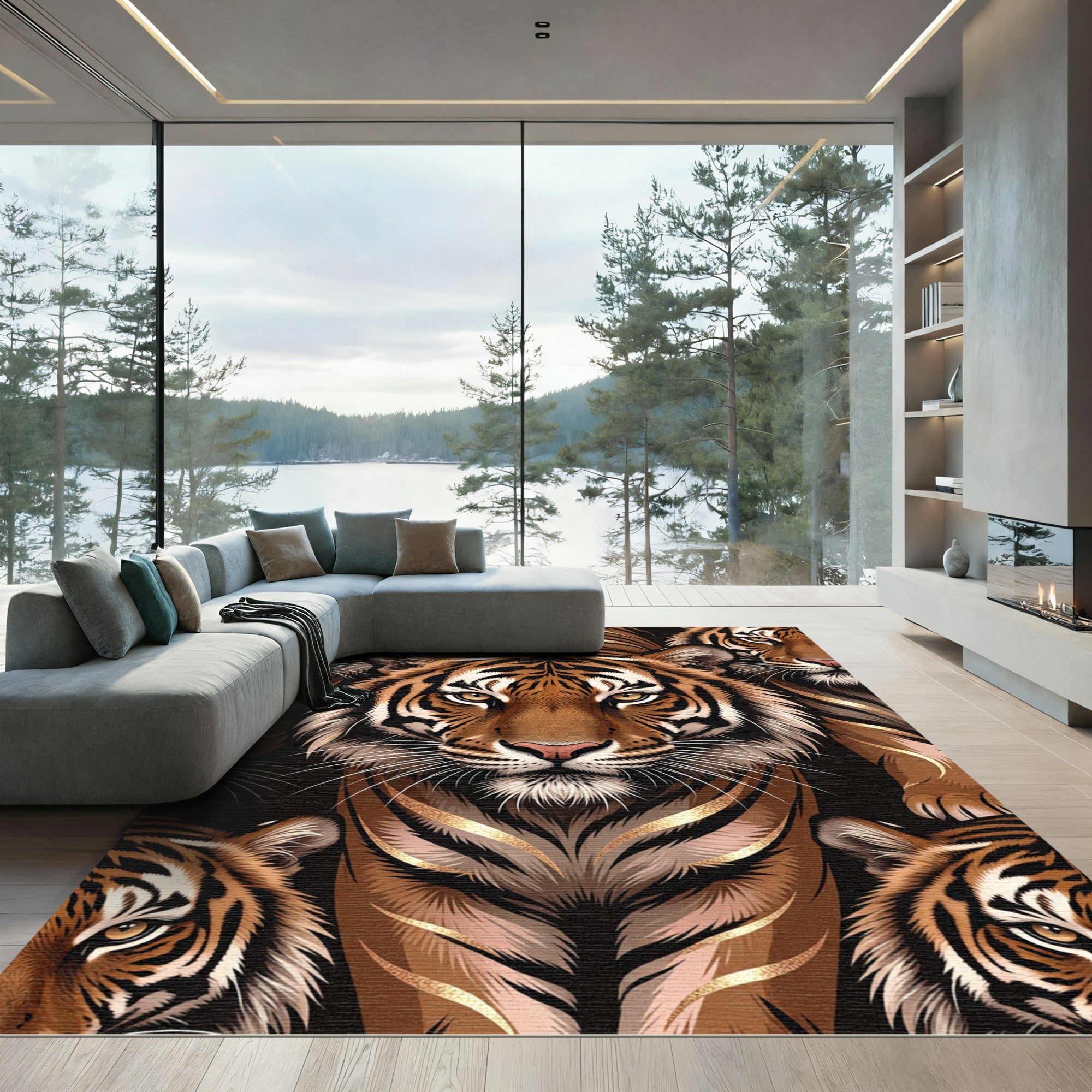Majestic Tiger Faces Gold Accents Rug