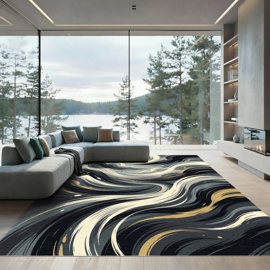 Swirling Abstract Gold and Gray Waves Rug