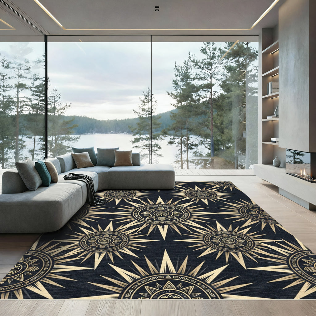 Celestial Gold Sunburst Geometric Black Rug