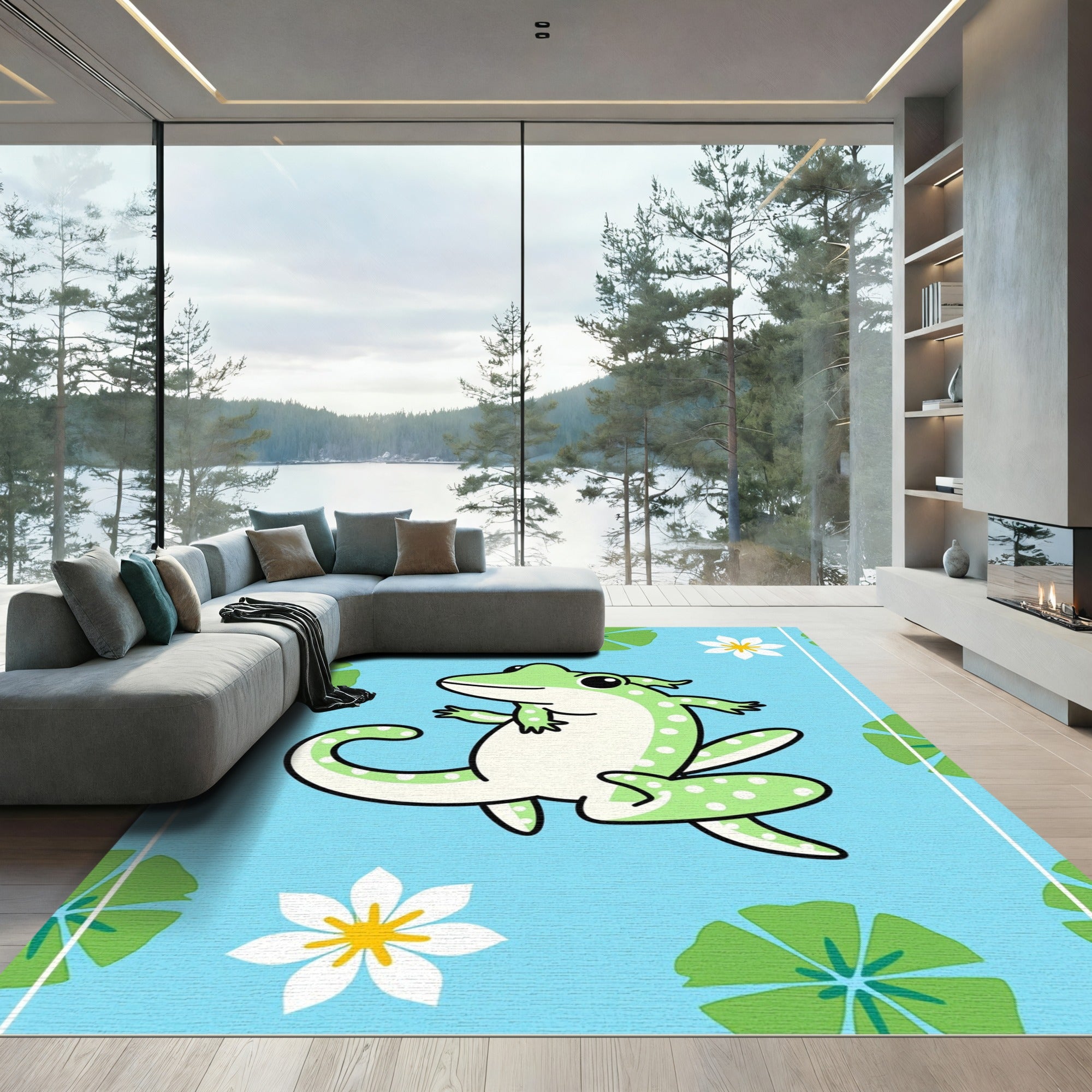 Playful Green Frog Lily Pad Garden Rug