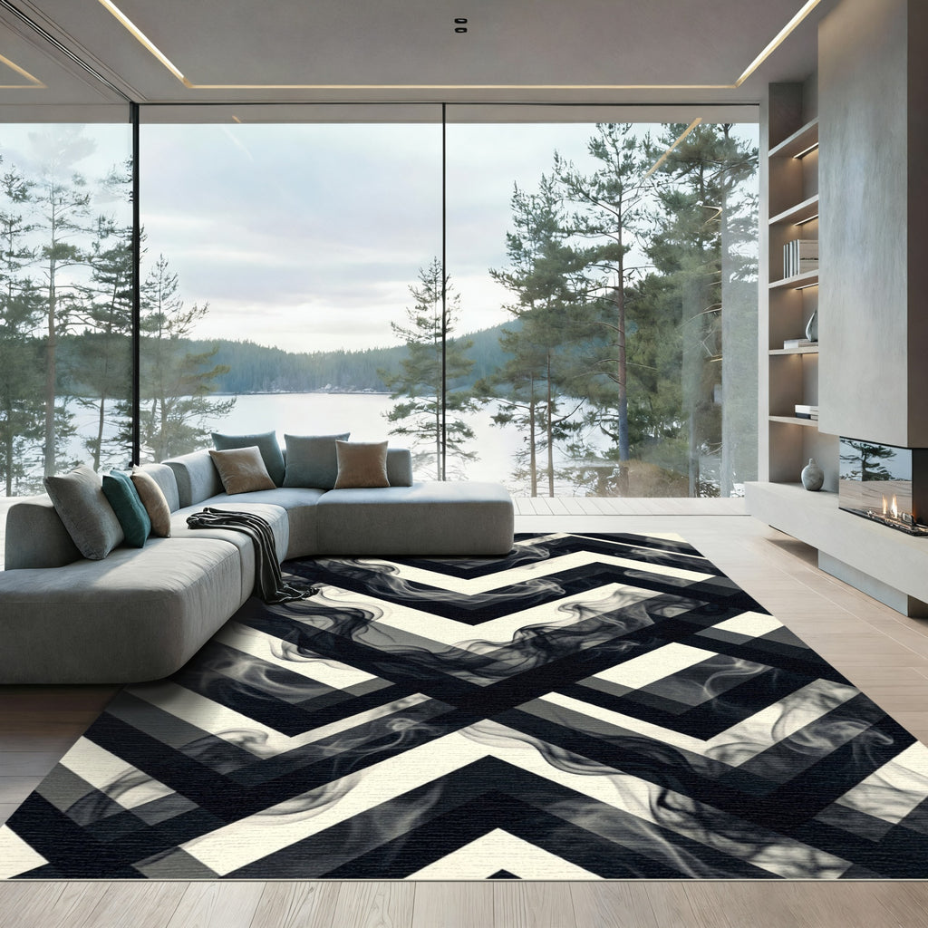 Monochromatic Abstract Smoke Chevron Rug