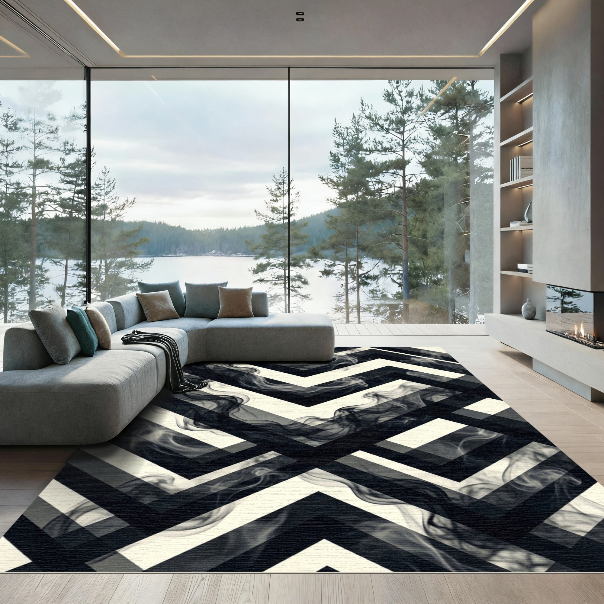 Monochromatic Abstract Smoke Chevron Rug