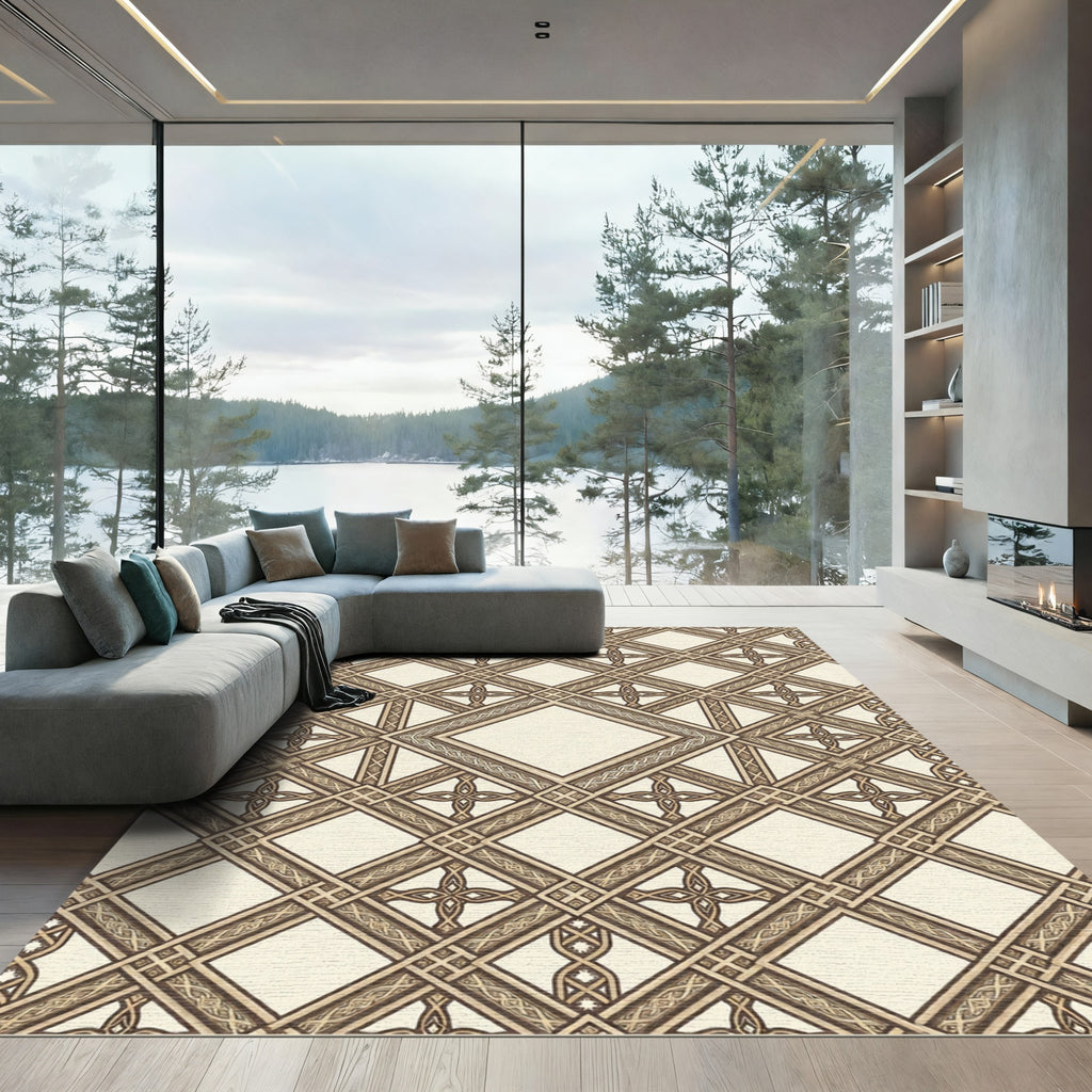 Elegant Neutral Lattice Diamond Cream Rug