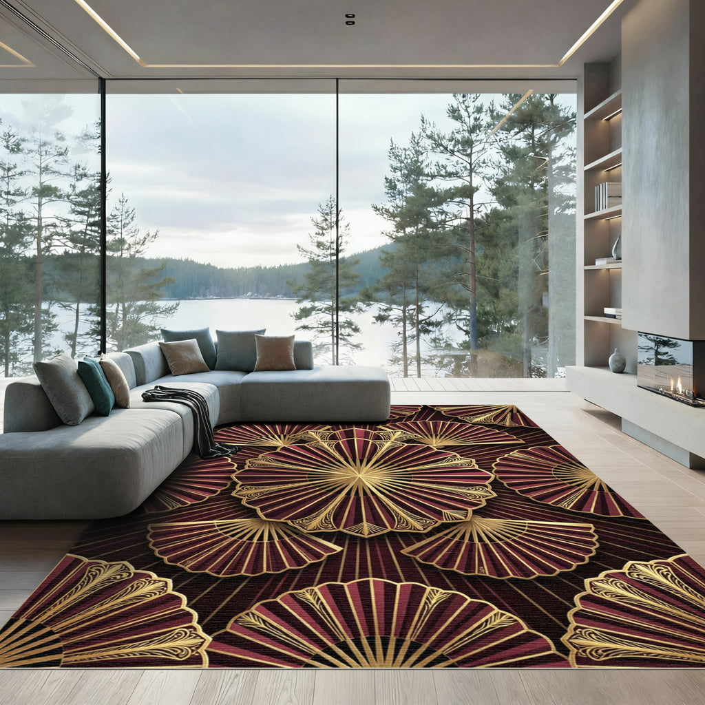 Regal Crimson Fan Medallion Gold Accents Rug