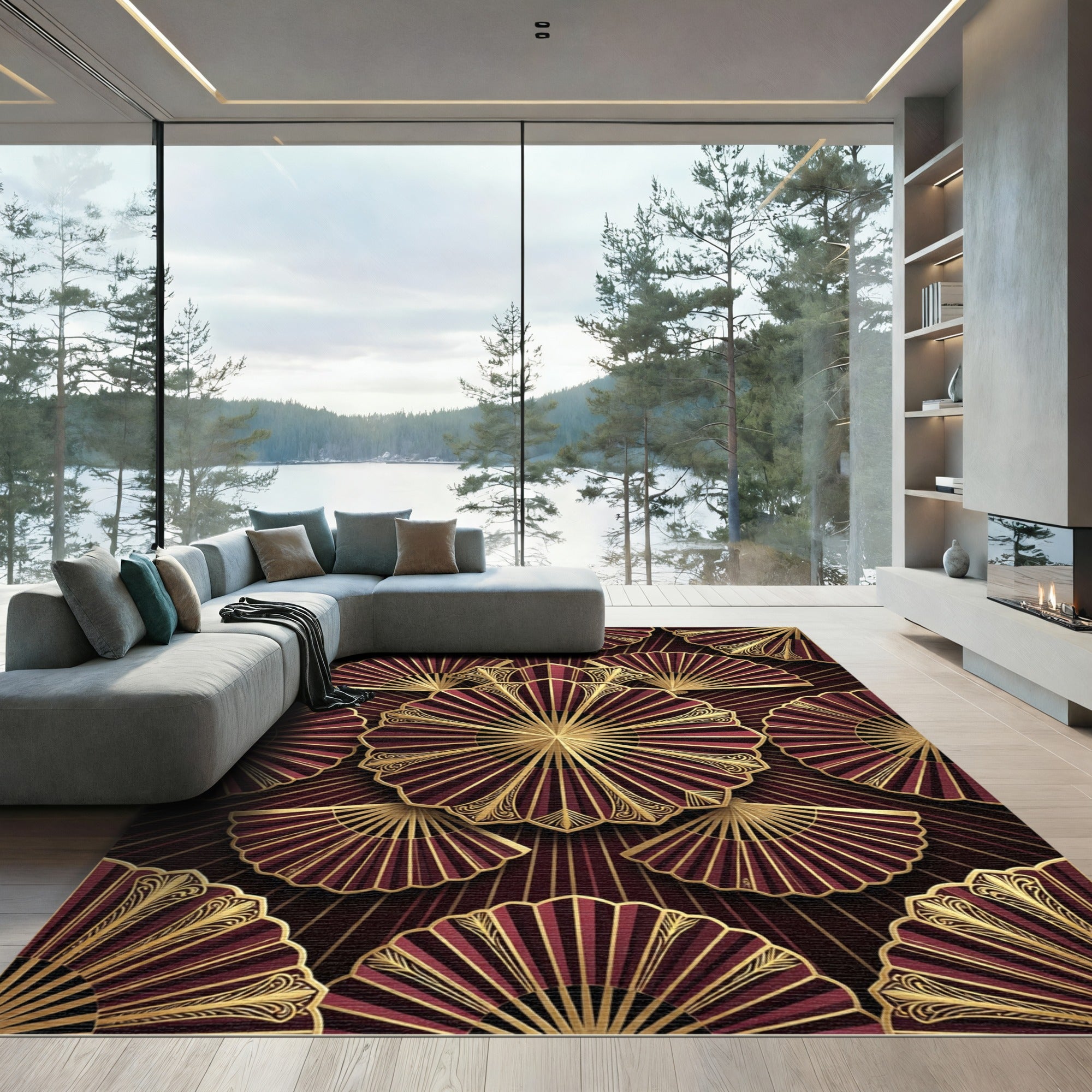 Regal Crimson Fan Medallion Gold Accents Rug