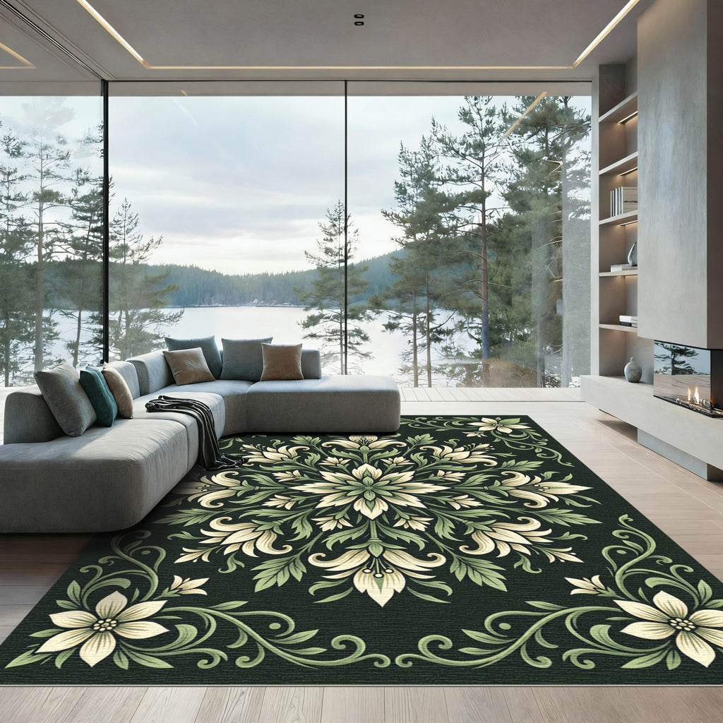 Elegant Cream and Sage Botanical Medallion Rug