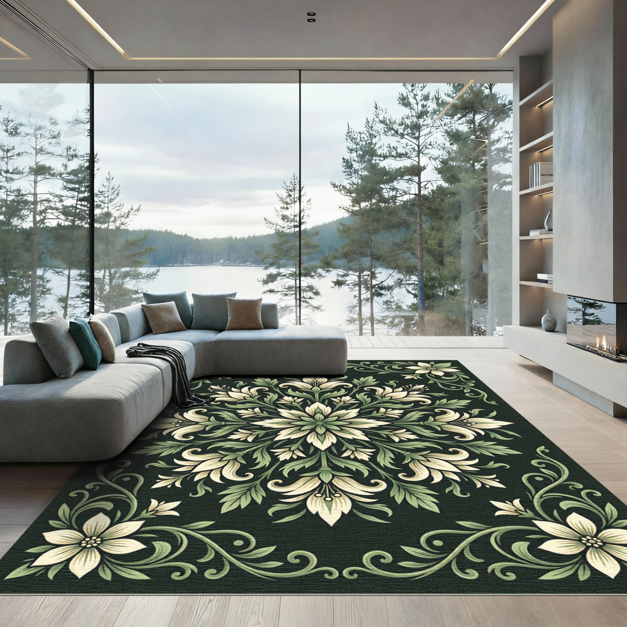 Elegant Cream and Sage Botanical Medallion Rug