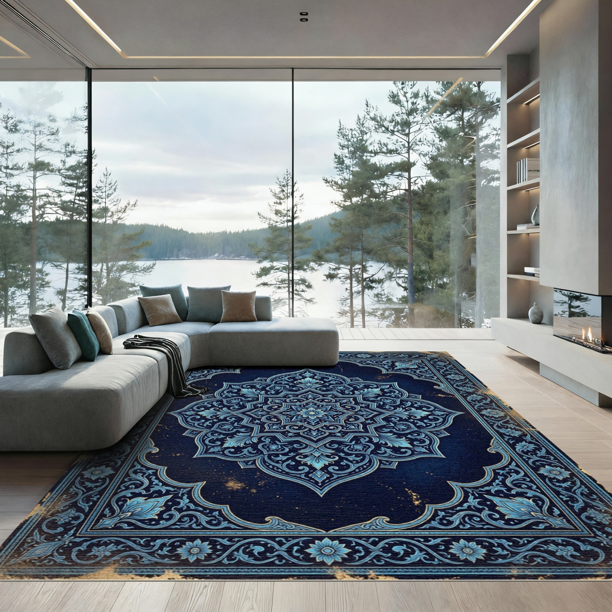 Intricate Navy Blue Floral Mandala Rug