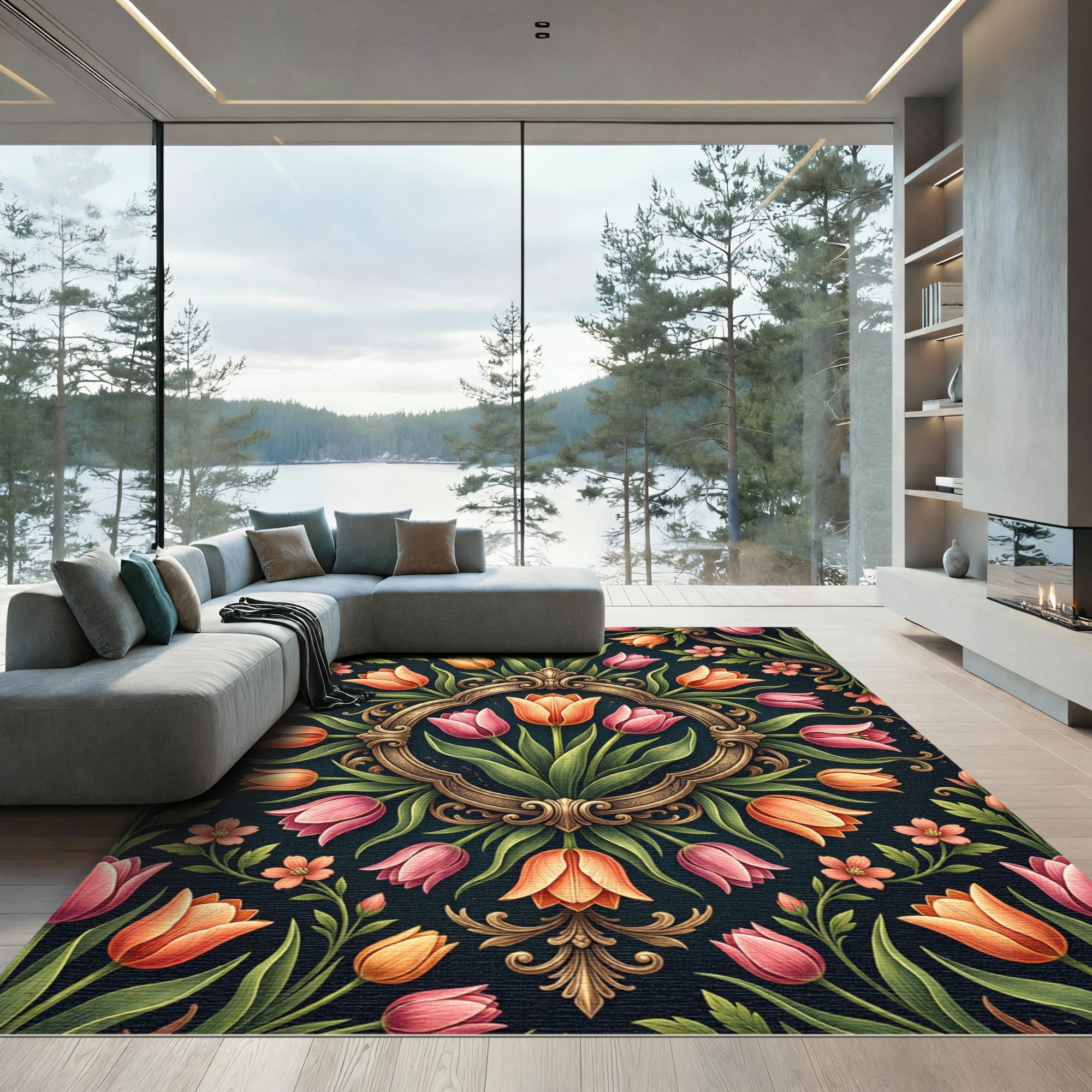 Sophisticated Peach and Pink Tulip Medallion Rug