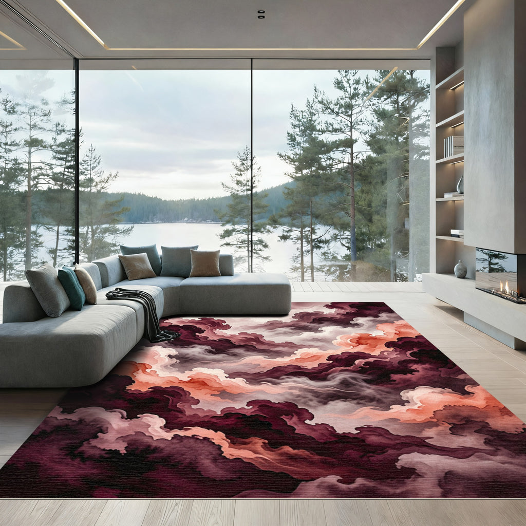Moody Crimson Abstract Cloud Swirl Rug