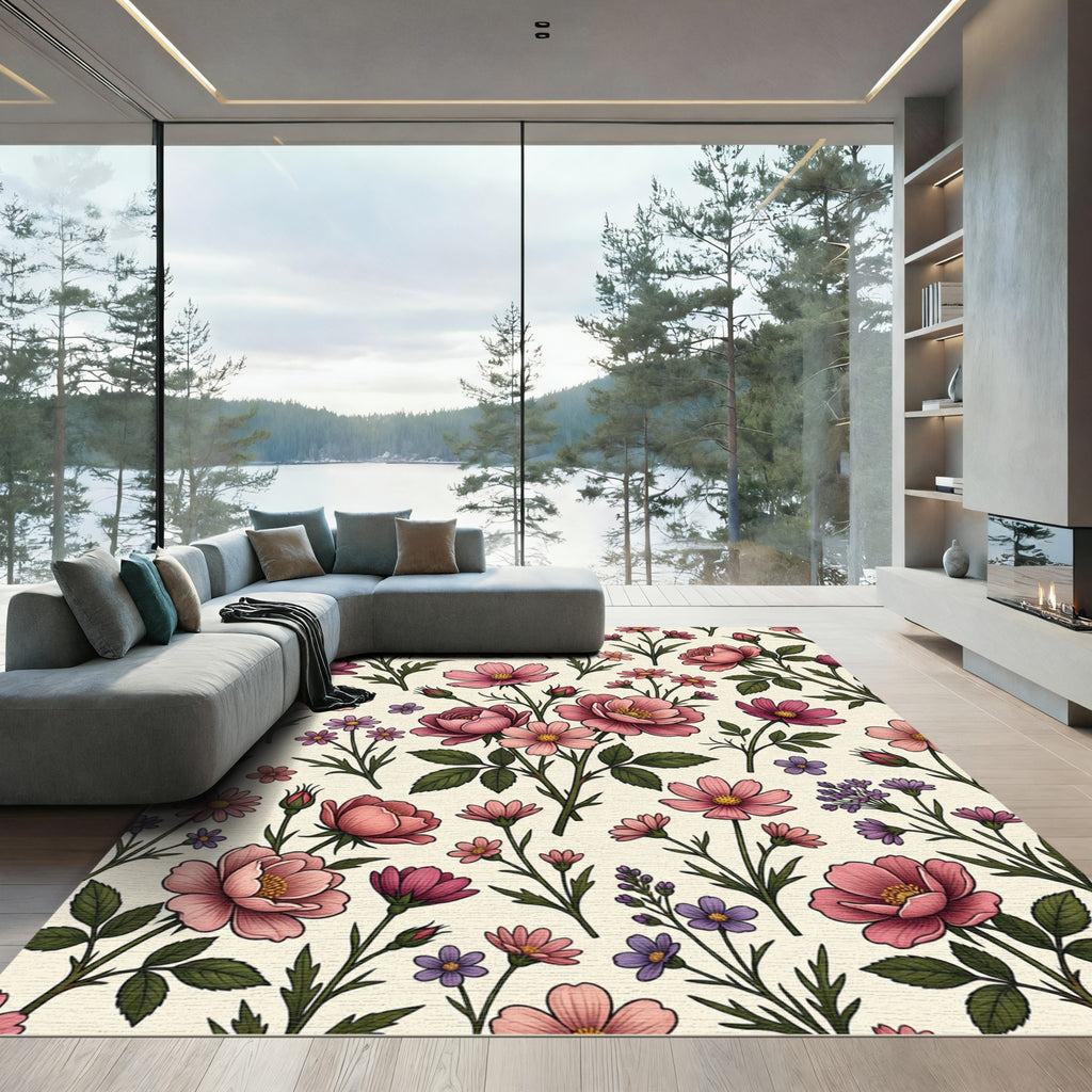 Soft Pink Botanical Garden Meadow Rug