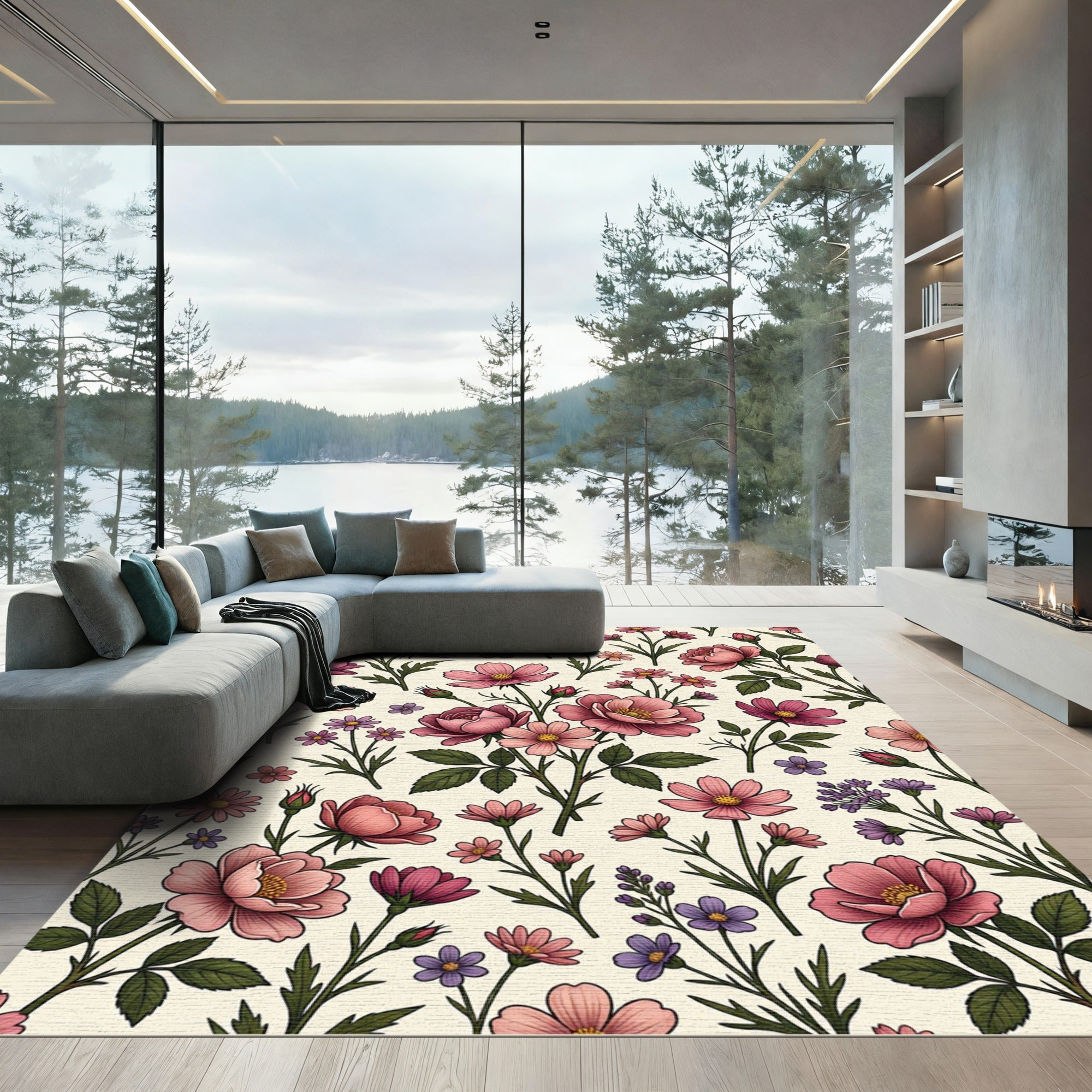 Soft Pink Botanical Garden Meadow Rug
