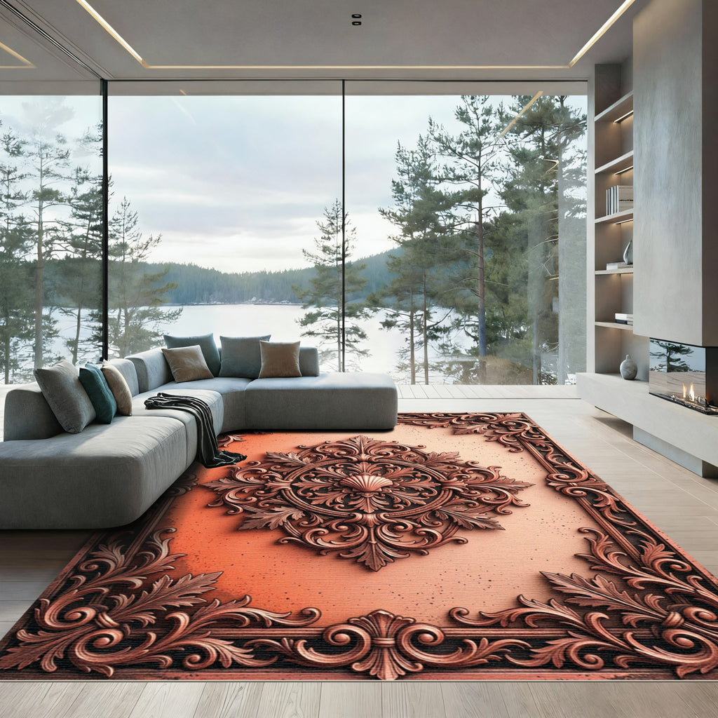 Ornate Copper Shell Scrollwork Frame Rug
