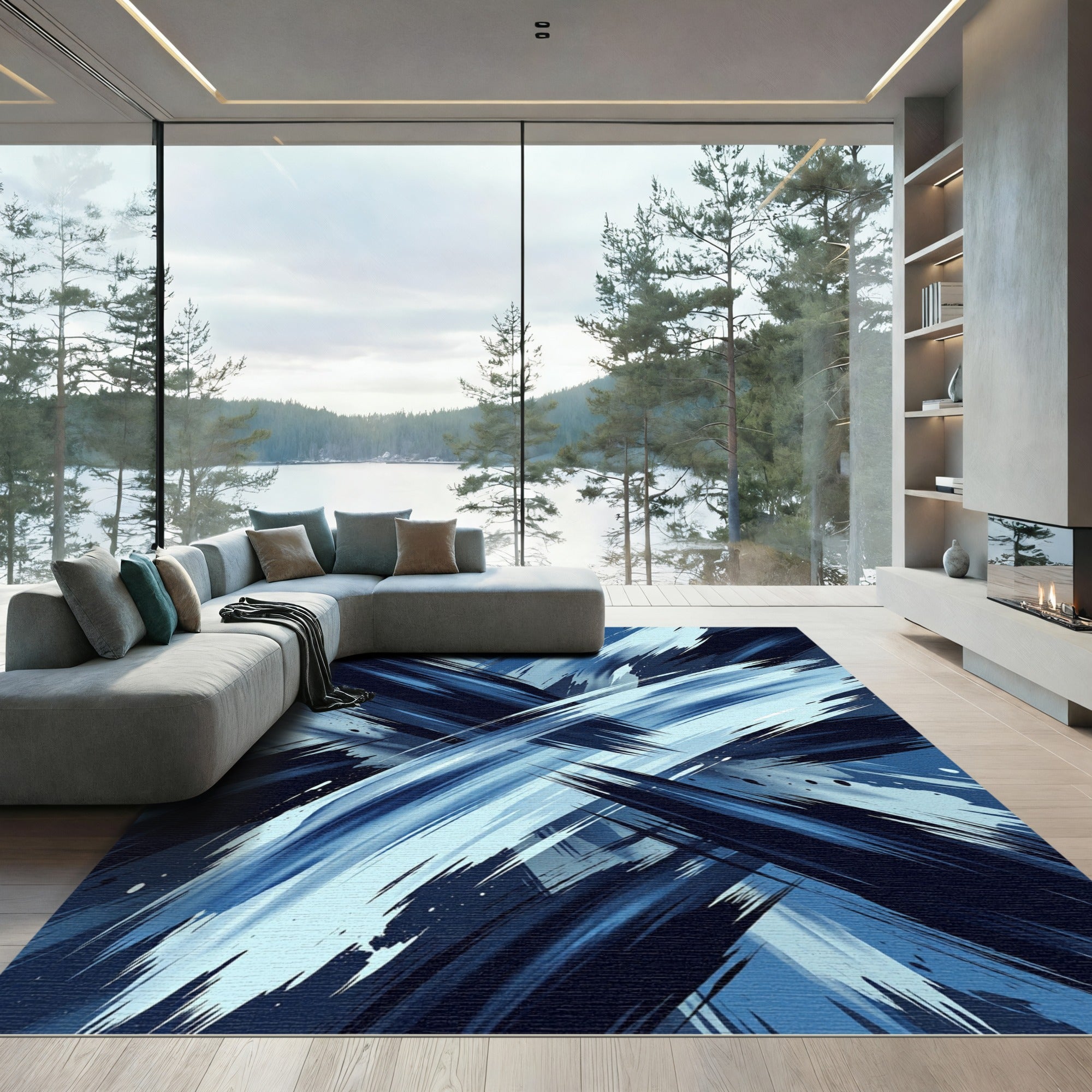 Dynamic Navy Light Blue Abstract Strokes Rug
