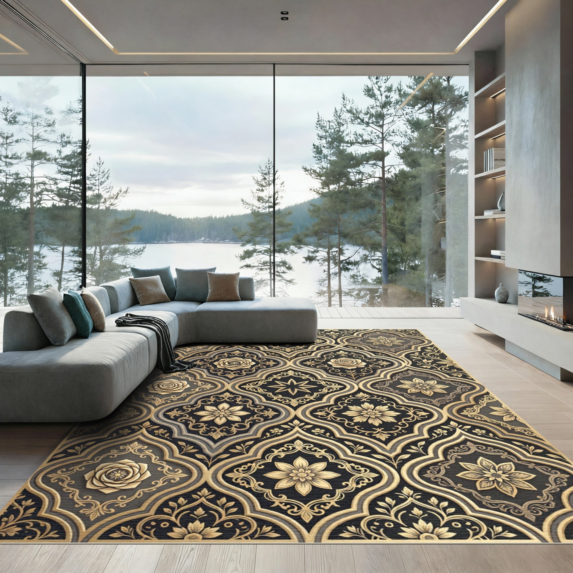 Elegant Gold Rose Damask Medallion Rug