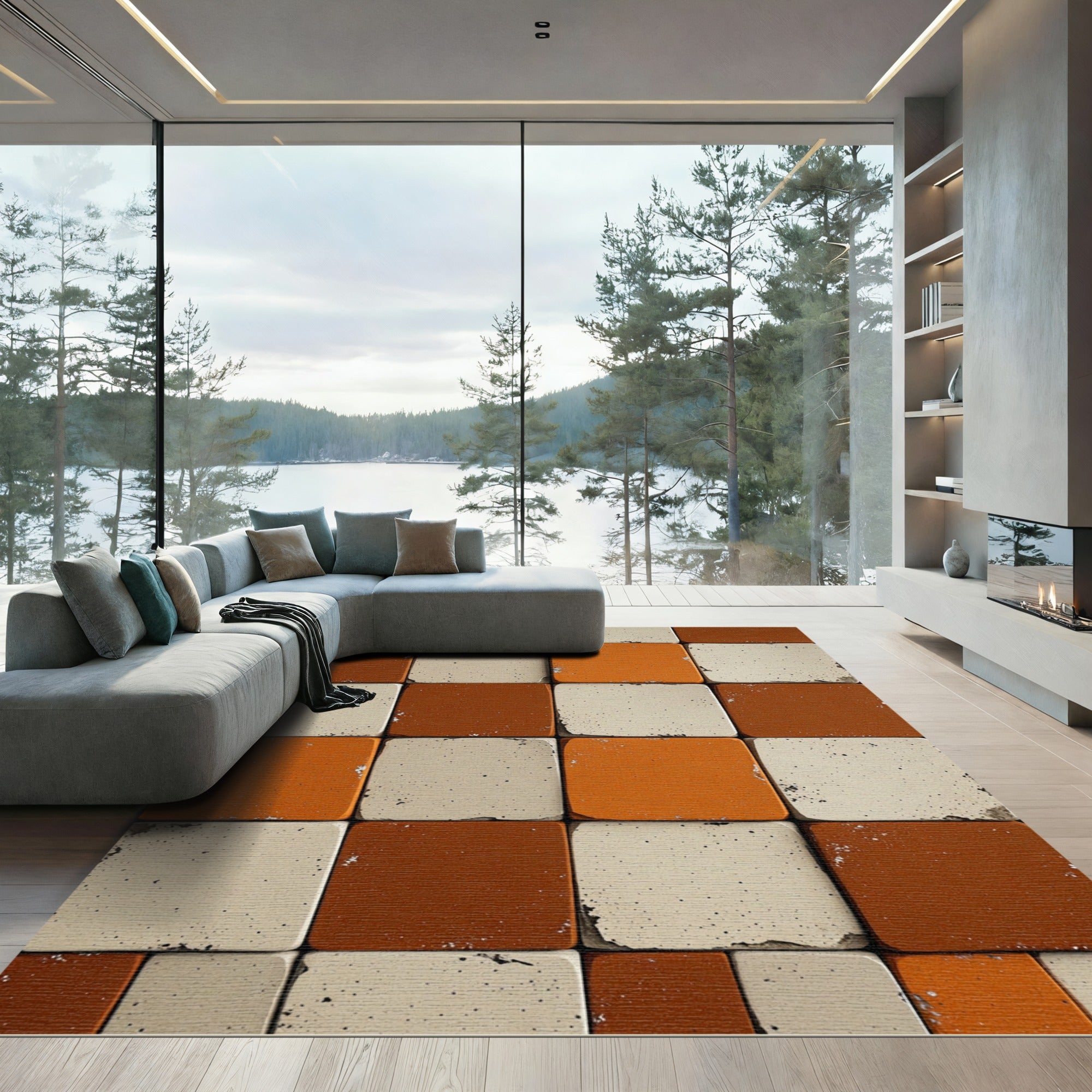 Earthy Burnt Orange Cream Checkerboard Rug