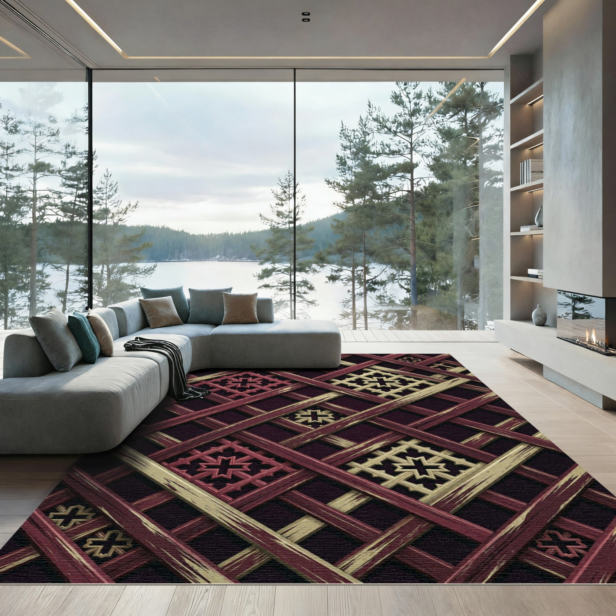 Lattice Burgundy and Gold Geometric Grid Rug