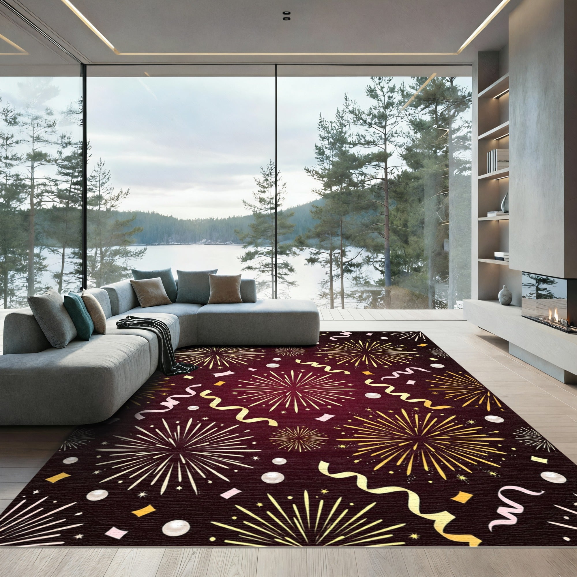 Crimson Festive Fireworks Celebration Rug