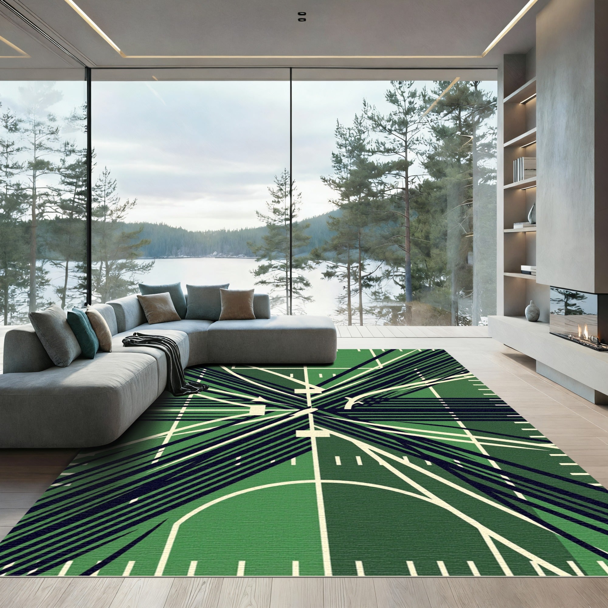 Abstract Geometric Field Forest Green Accent Rug