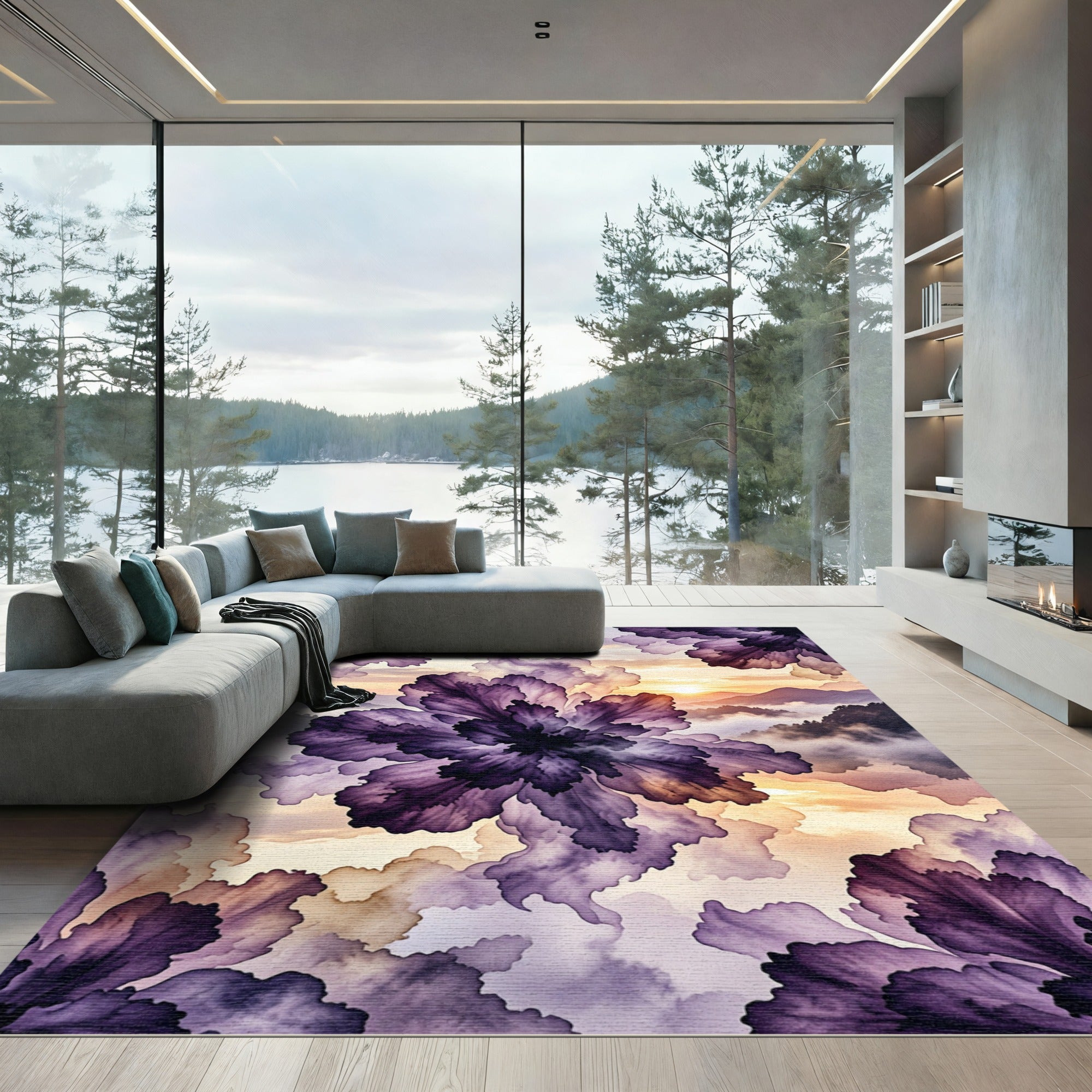 Ethereal Purple Peony Misty Mountain Sunset Rug