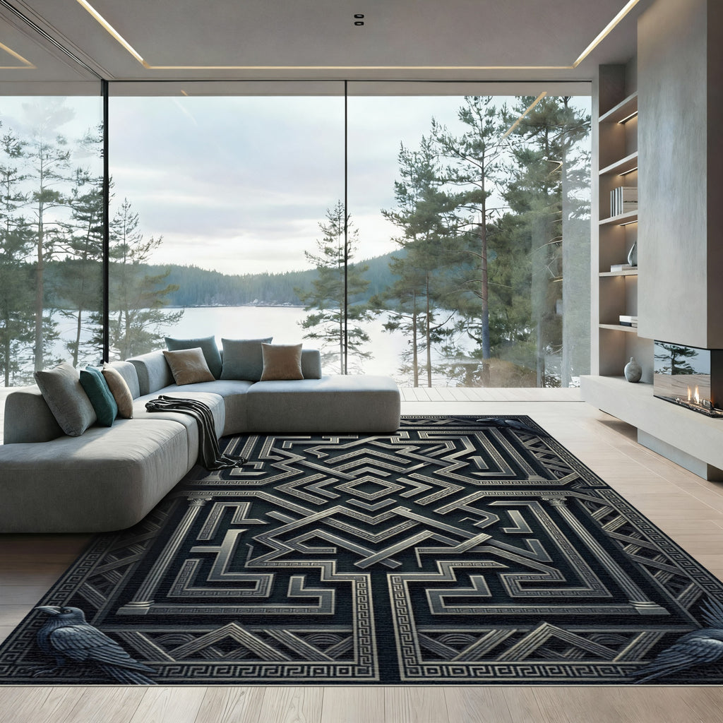 Dark Silver Maze Raven Court Rug
