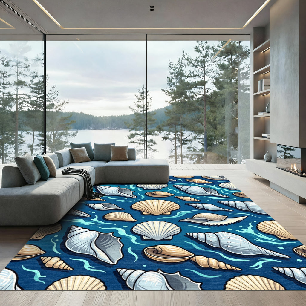 Coastal Blue Sea Shell Swirl Rug